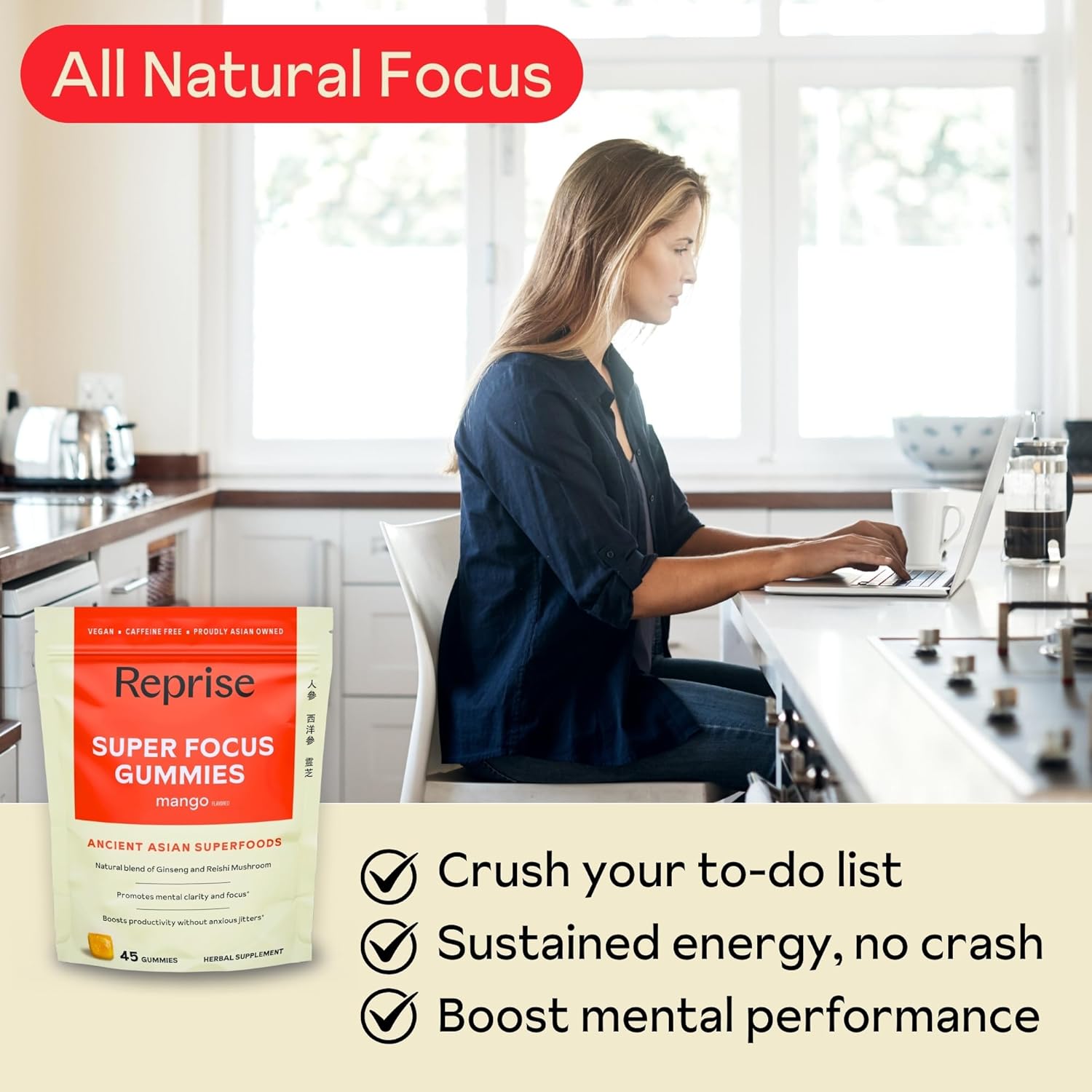 Mango Flavored Focus Gummies for Adults with American & Korean Ginseng - 45 Count Pack - Natural Energy & Mood Support