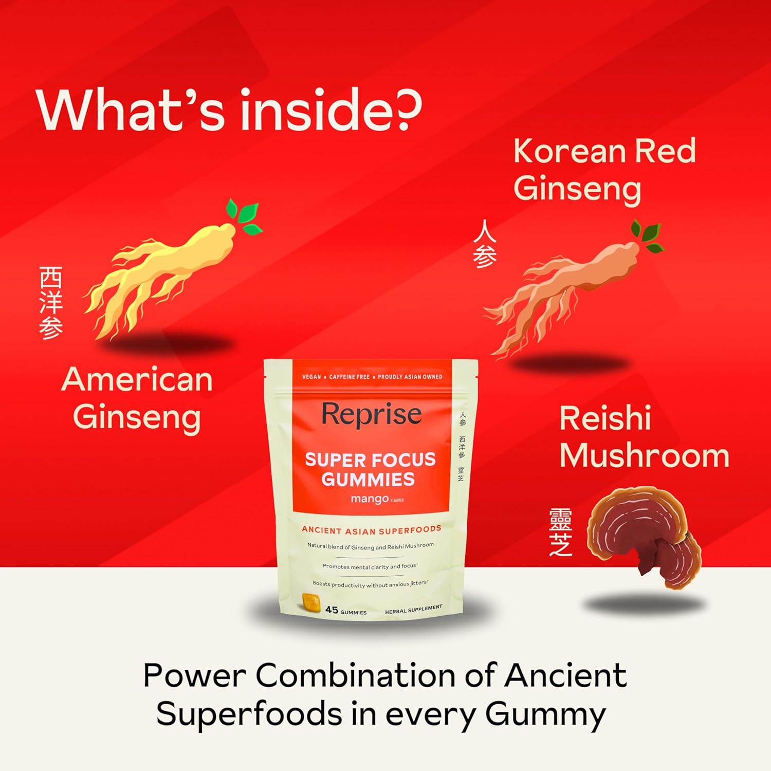 Mango Flavored Focus Gummies for Adults with American & Korean Ginseng - 45 Count Pack - Natural Energy & Mood Support