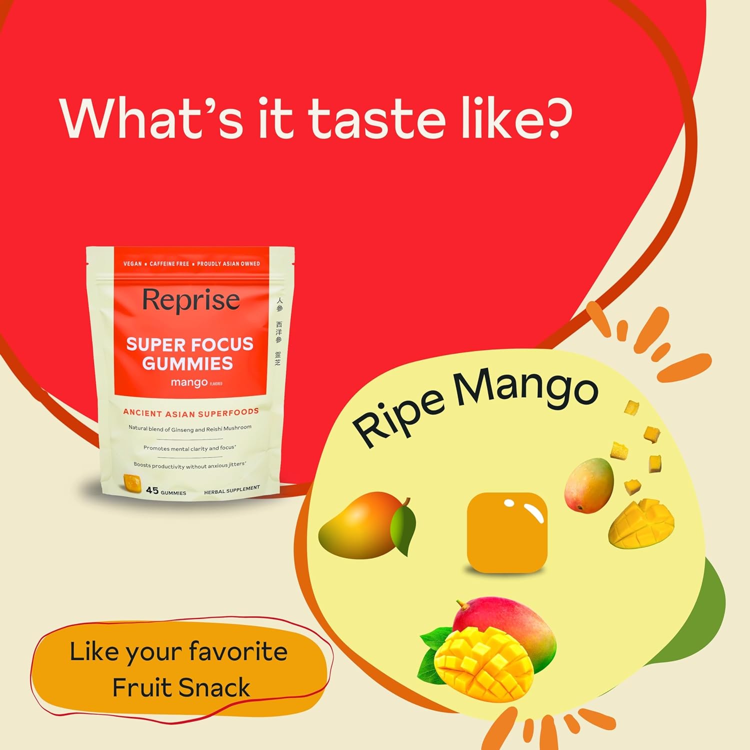 Mango Flavored Focus Gummies for Adults with American & Korean Ginseng - 45 Count Pack - Natural Energy & Mood Support