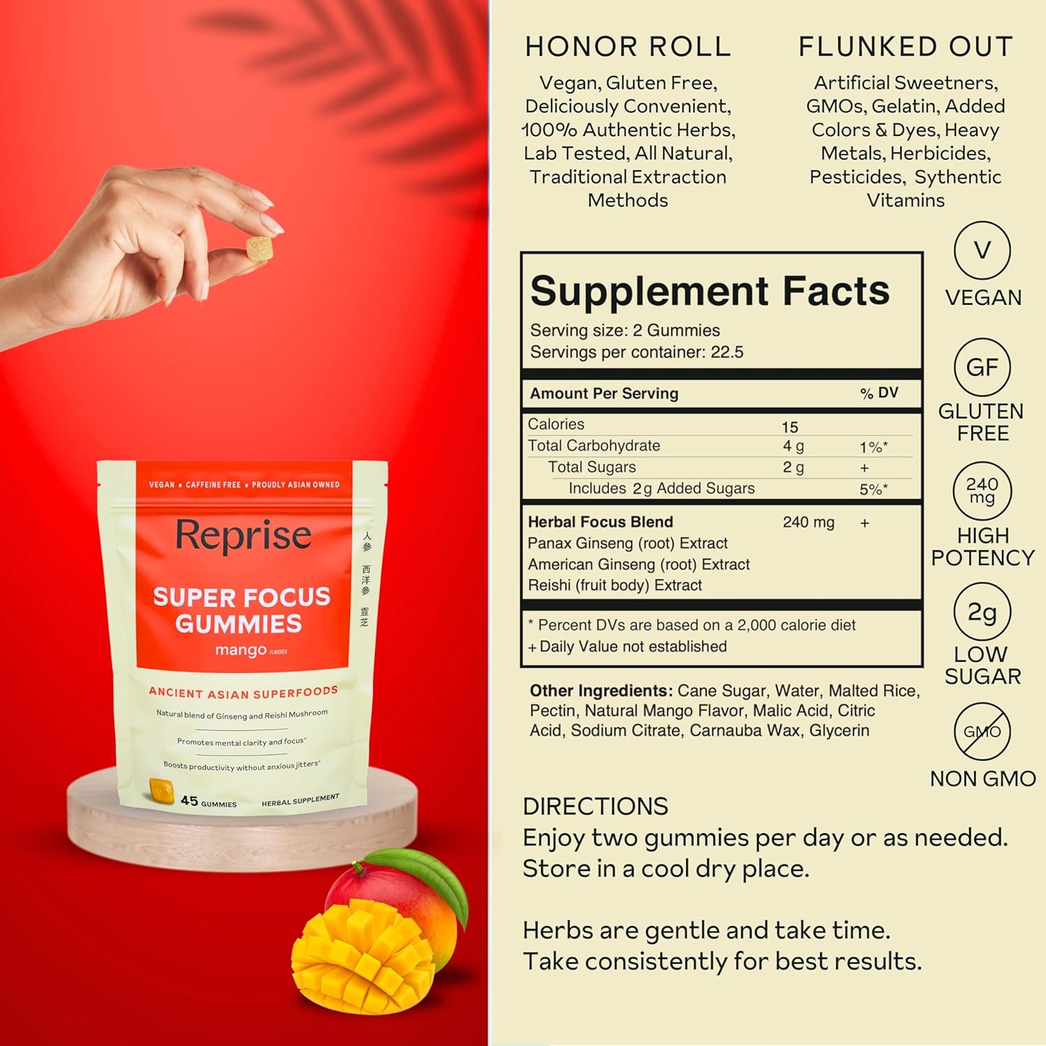 Mango Flavored Focus Gummies for Adults with American & Korean Ginseng - 45 Count Pack - Natural Energy & Mood Support