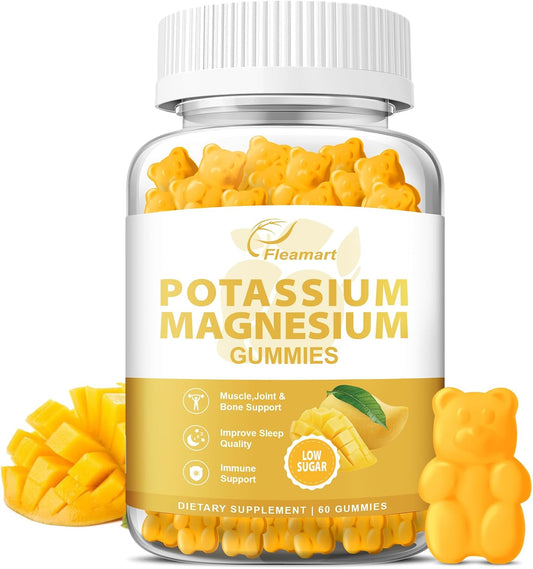 Mango Flavored Potassium Magnesium Gummies for Adults and Kids - Supports Muscle, Heart Health, and Leg Cramps - Low Sugar Supplement - 60 Count