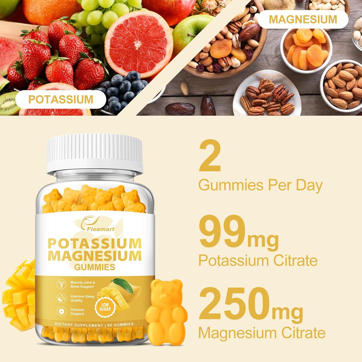 Mango Flavored Potassium Magnesium Gummies for Adults and Kids - Supports Muscle, Heart Health, and Leg Cramps - Low Sugar Supplement - 60 Count