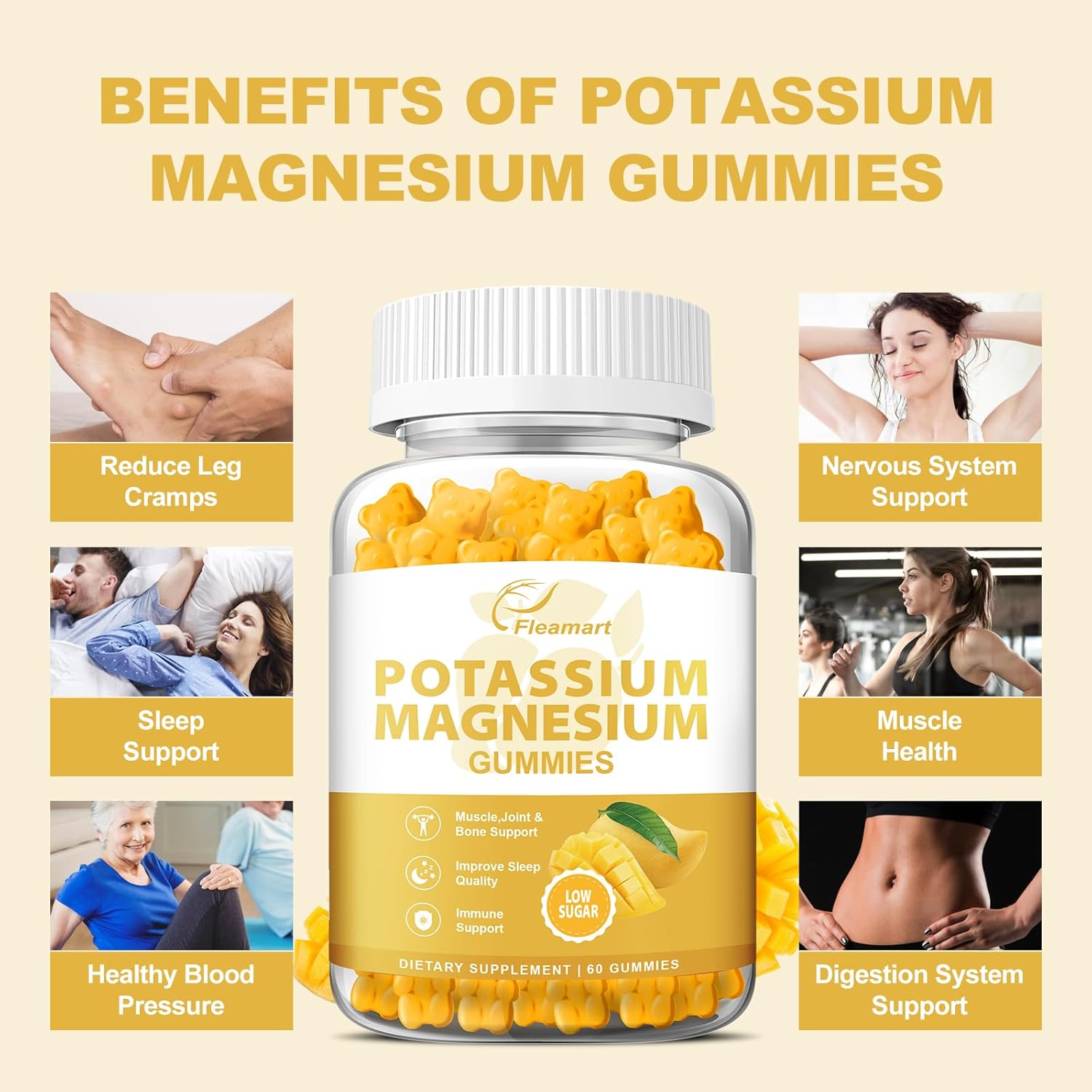 Mango Flavored Potassium Magnesium Gummies for Adults and Kids - Supports Muscle, Heart Health, and Leg Cramps - Low Sugar Supplement - 60 Count