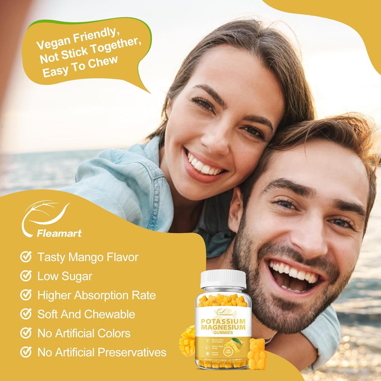 Mango Flavored Potassium Magnesium Gummies for Adults and Kids - Supports Muscle, Heart Health, and Leg Cramps - Low Sugar Supplement - 60 Count