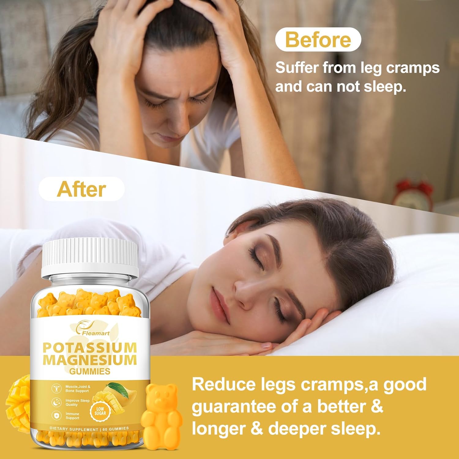 Mango Flavored Potassium Magnesium Gummies for Adults and Kids - Supports Muscle, Heart Health, and Leg Cramps - Low Sugar Supplement - 60 Count