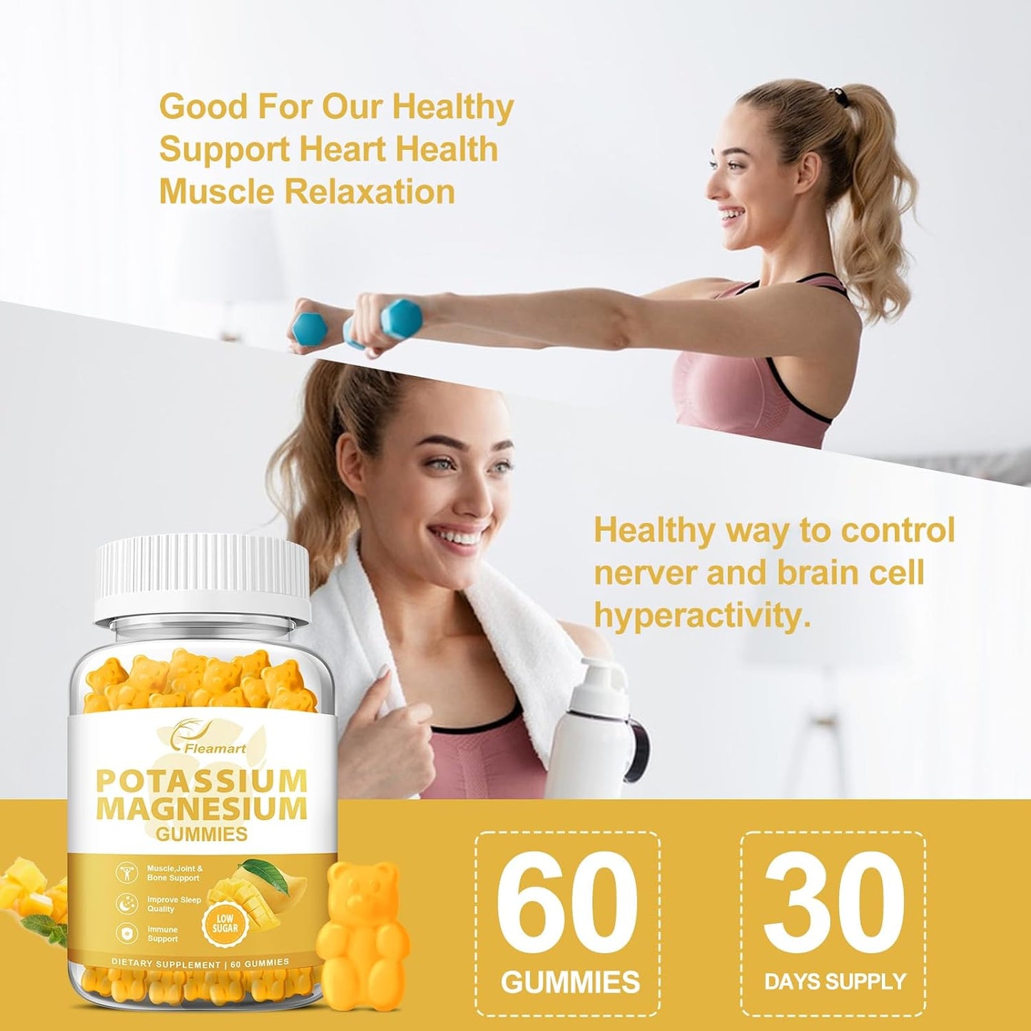 Mango Flavored Potassium Magnesium Gummies for Adults and Kids - Supports Muscle, Heart Health, and Leg Cramps - Low Sugar Supplement - 60 Count