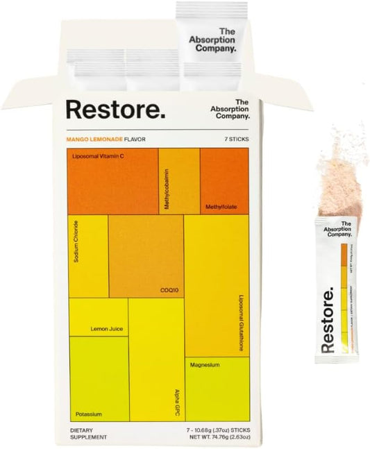 Mango Lemonade Electrolyte Powder Packets for Workout Recovery and Hydration with Glutathione and Vitamin C (7 Sticks)