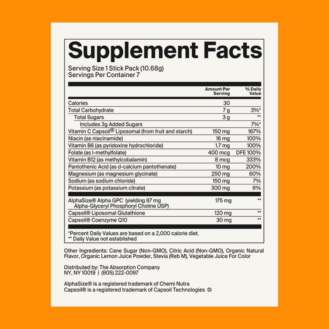 Mango Lemonade Electrolyte Powder Packets for Workout Recovery and Hydration with Glutathione and Vitamin C (7 Sticks)