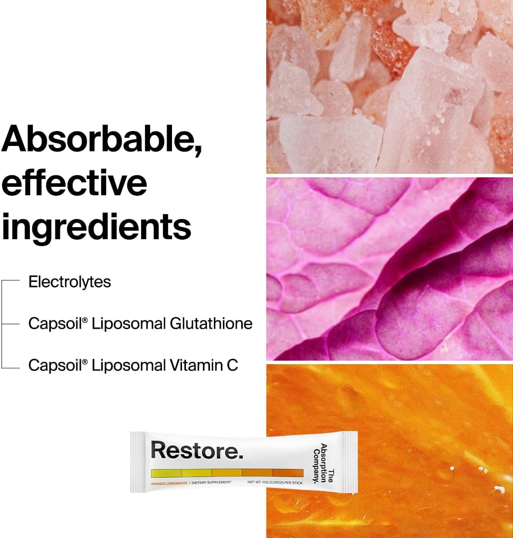 Mango Lemonade Electrolyte Powder Packets for Workout Recovery and Hydration with Glutathione and Vitamin C (7 Sticks)