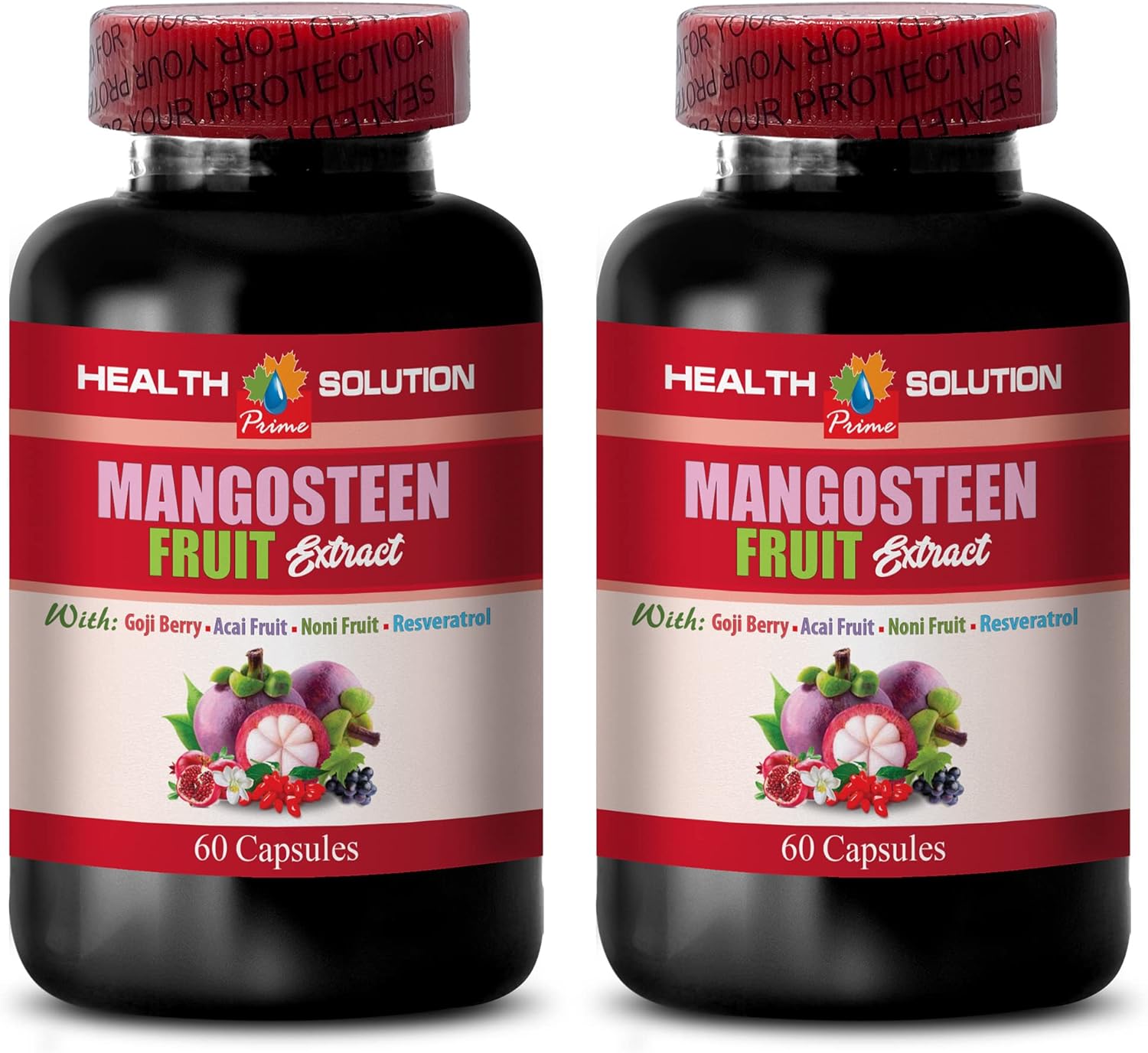 Mangosteen Fruit Extract Capsules with Resveratrol, Acai, Pomegranate, Noni, Goji Berry - Memory Support - 2 Bottles 120 Caplets