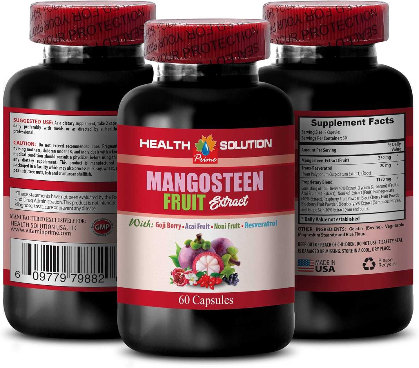 Mangosteen Fruit Extract Capsules with Resveratrol, Acai, Pomegranate, Noni, Goji Berry - Memory Support - 2 Bottles 120 Caplets