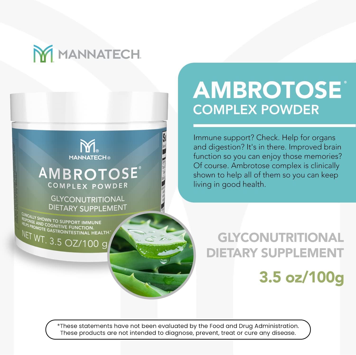 Mannatech Ambrotose Complex Immune Support Supplement with Manapol Powder - 100% Aloe Vera - 25 Days Supply for Cell-to-Cell Communication and Healthy Immune Defense