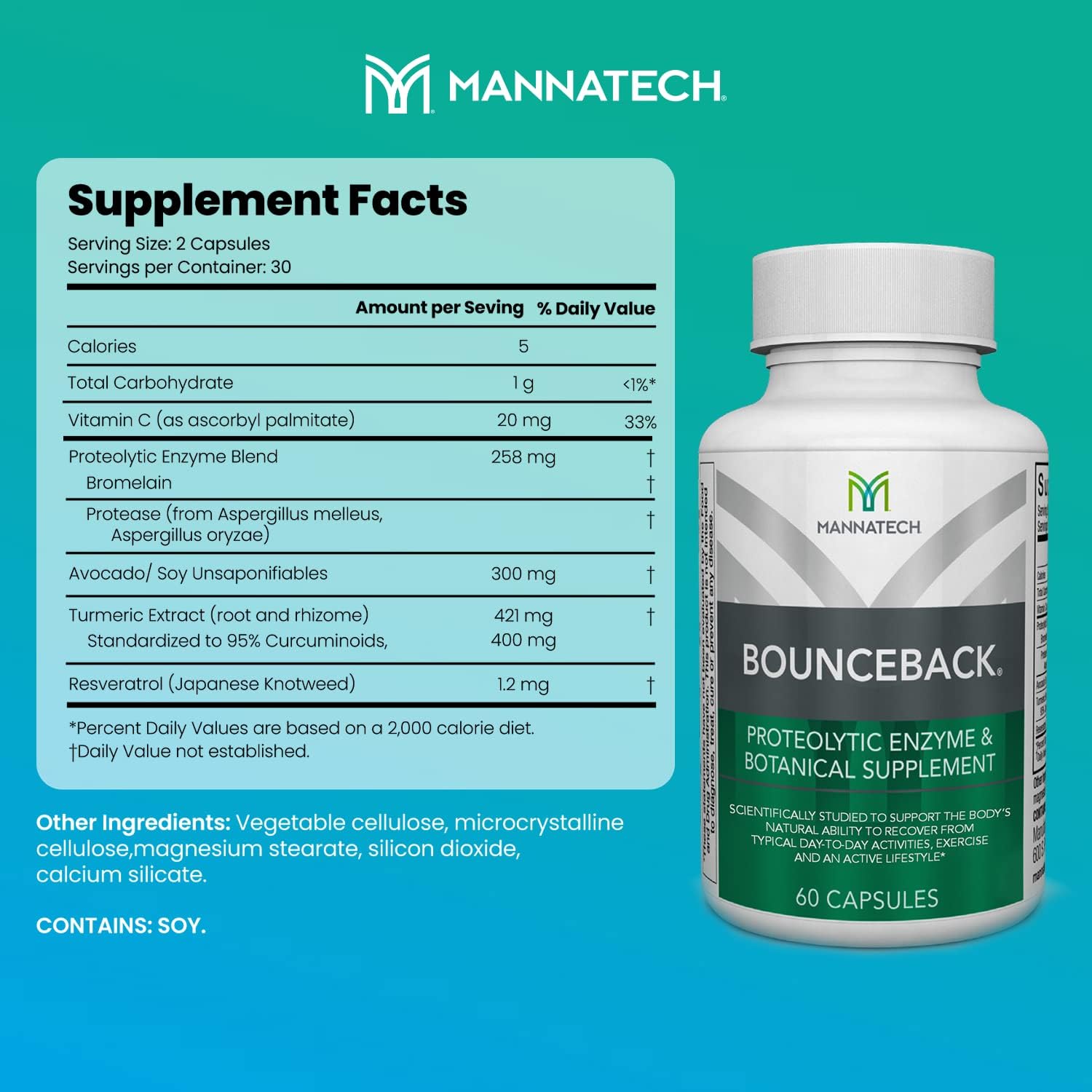 Mannatech BounceBack Capsules for Joint & Cartilage Health with Proteolytic Enzyme Blend, Phytosterol Blend, and Turmeric Extract - 60 Count
