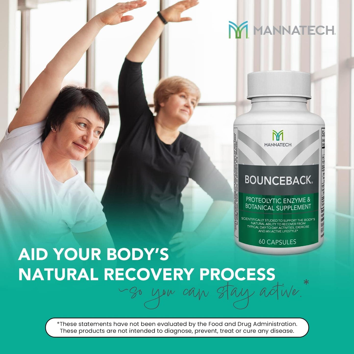 Mannatech BounceBack Capsules for Joint & Cartilage Health with Proteolytic Enzyme Blend, Phytosterol Blend, and Turmeric Extract - 60 Count