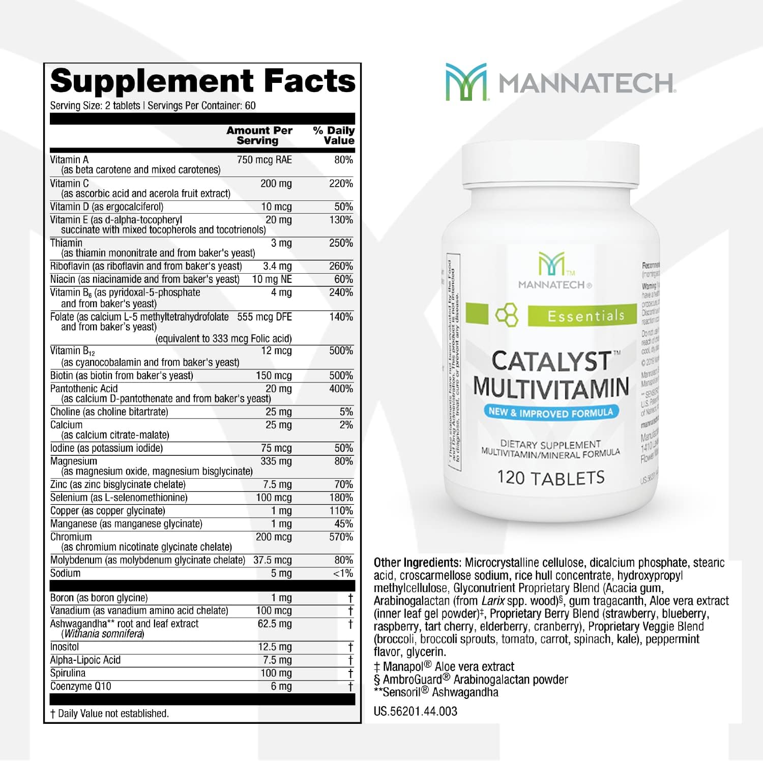 Mannatech Catalyst Multivitamin 120 Tablets with Antioxidants A, C, E and Ashwagandha for Physical and Emotional Support
