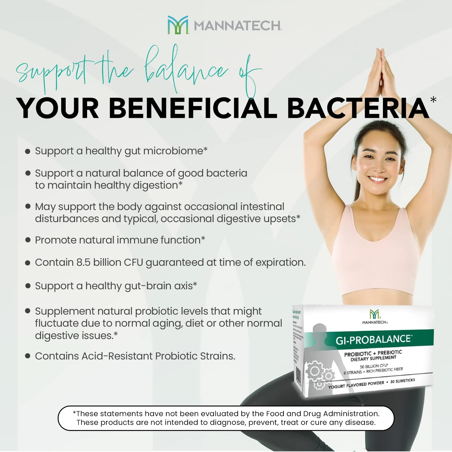 Mannatech Prebiotics and Probiotics Slimsticks - Yogurt Flavor, 30 Count, Gut Health Powder with 8 Strains, Rich Prebiotic Fiber & 50 Billion CFU