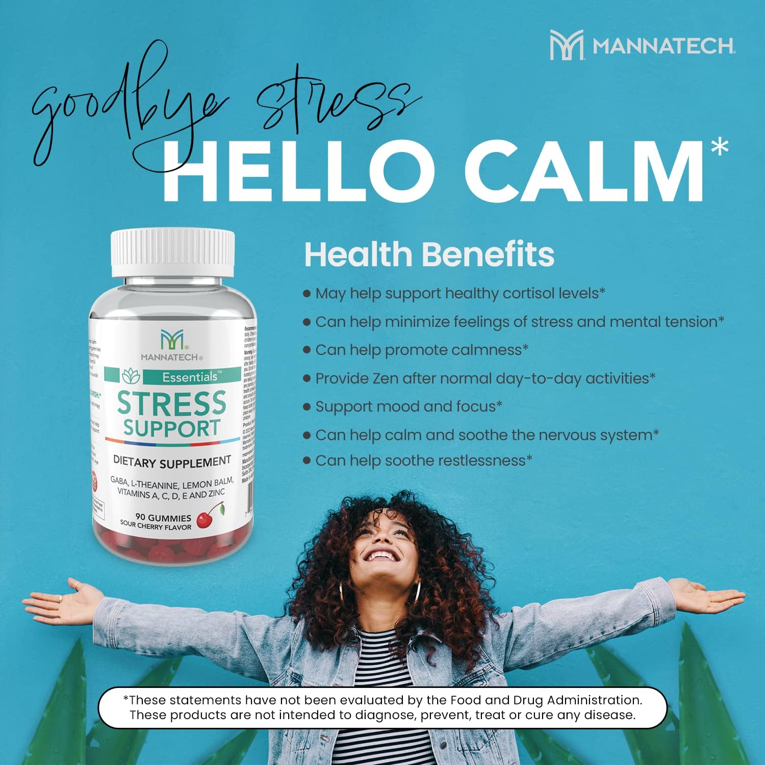 Mannatech Stress Support Gummies - Sour Cherry Flavor, 90 Count - Support for Stress Relief and Relaxation