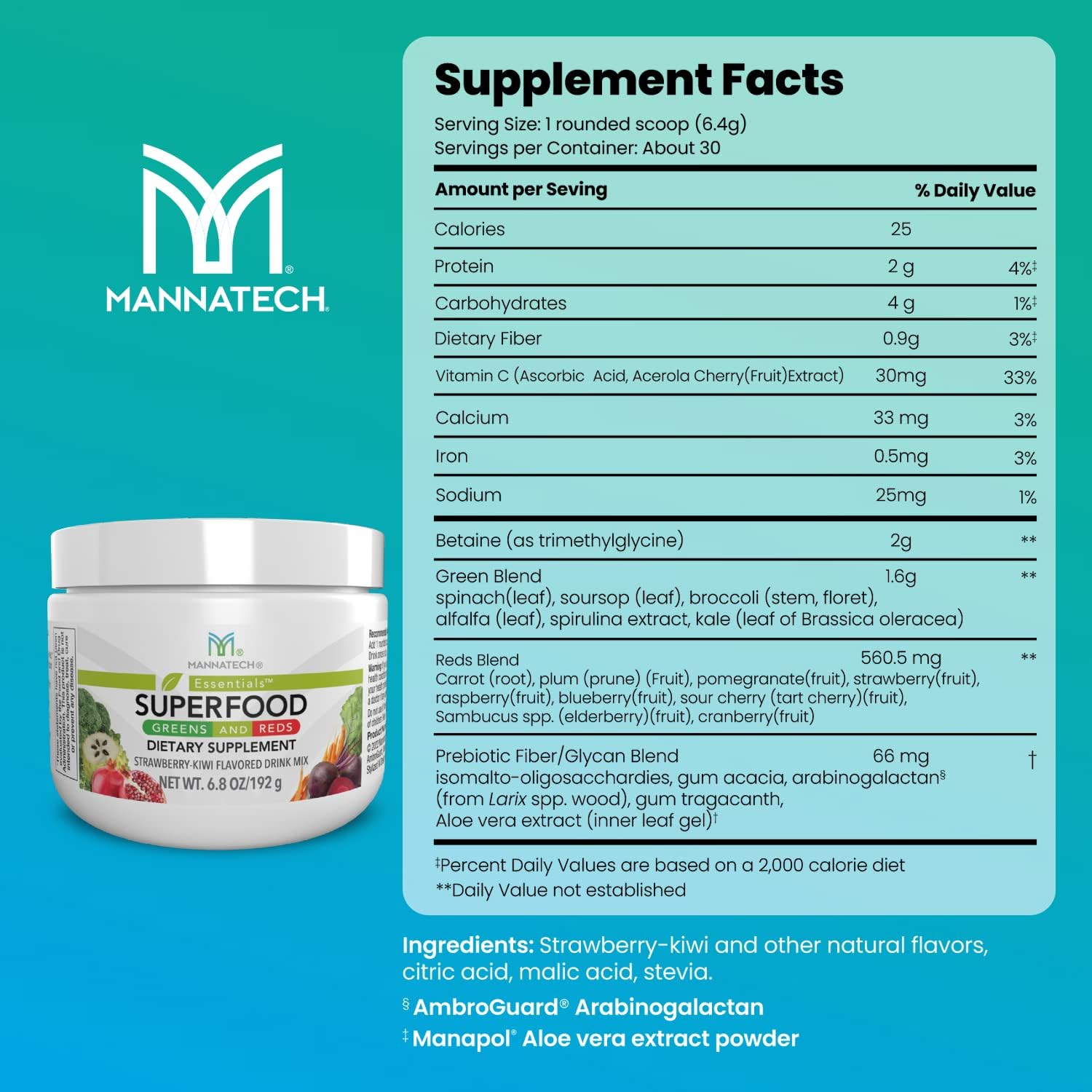 Mannatech Superfood Greens and Reds 192g, Strawberry-Kiwi Flavor with Beet Root Powder and Spirulina Powder for Phytonutrients
