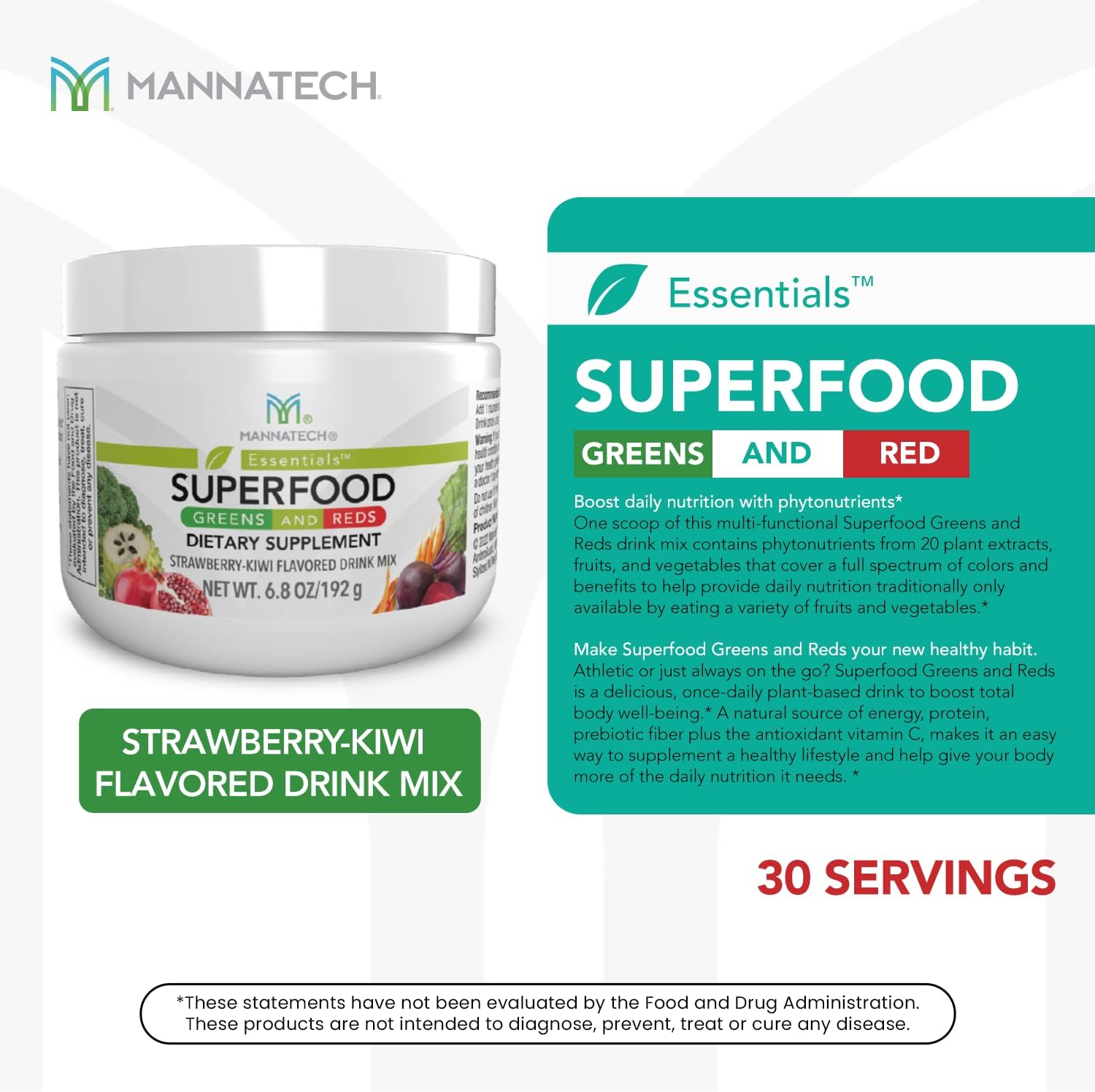 Mannatech Superfood Greens and Reds 192g, Strawberry-Kiwi Flavor with Beet Root Powder and Spirulina Powder for Phytonutrients