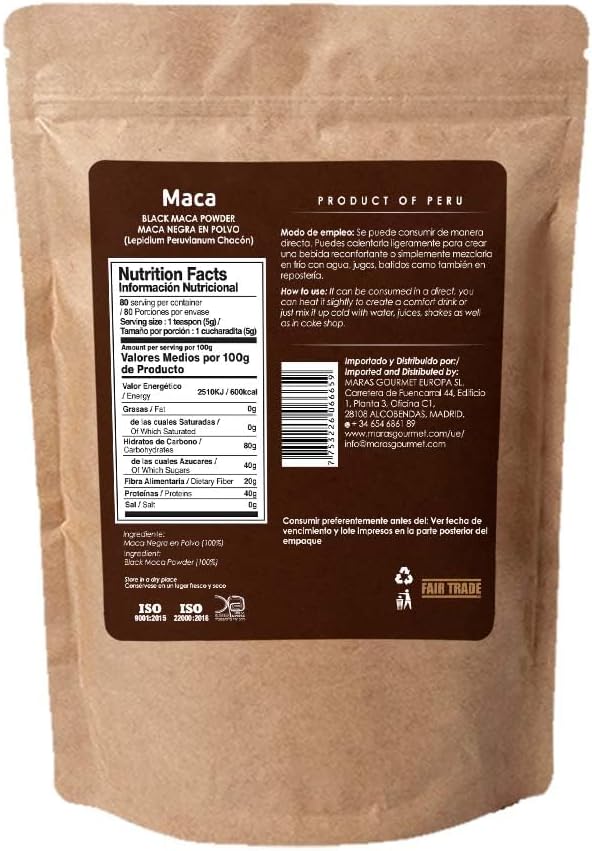 MARAS GOURMET Organic Peruvian Black MACA Gelatinized Powder - 14.1 oz (400g) - 80 Servings