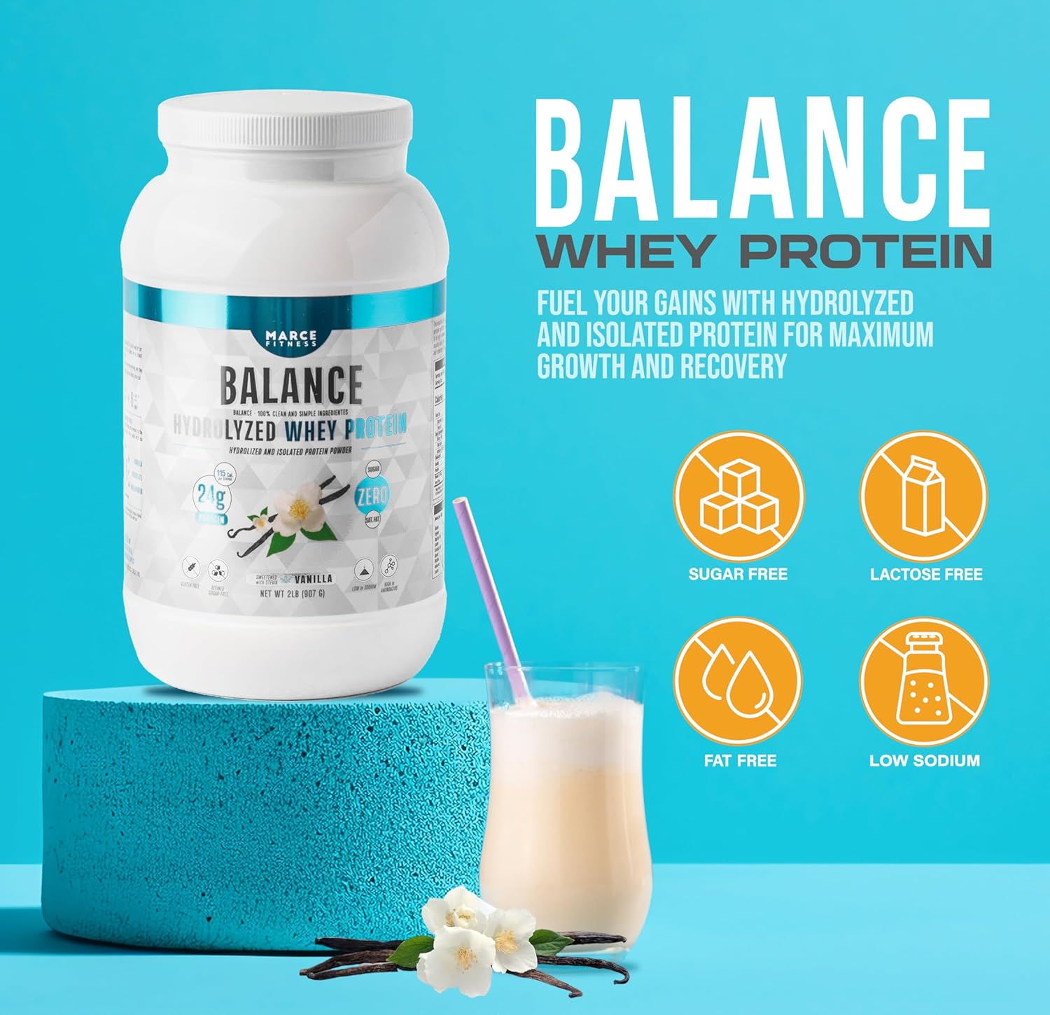 MarceFitness Vanilla Flavor Hydrolyzed Whey Protein Powder - 2 Pound Container