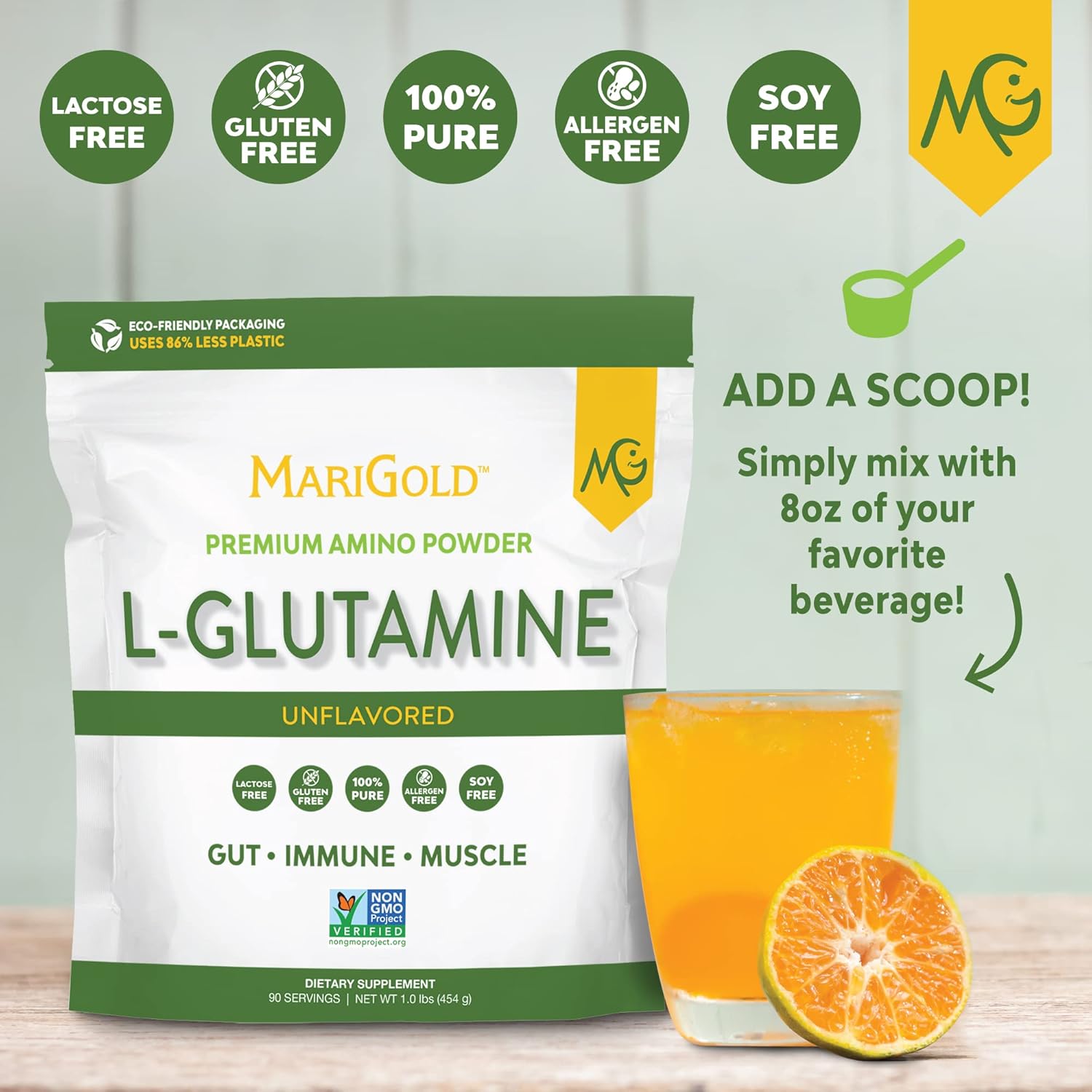 MariGold Non-GMO L-Glutamine Powder - Supports Gut Health, Immune System, and Muscles (5g per Serving)