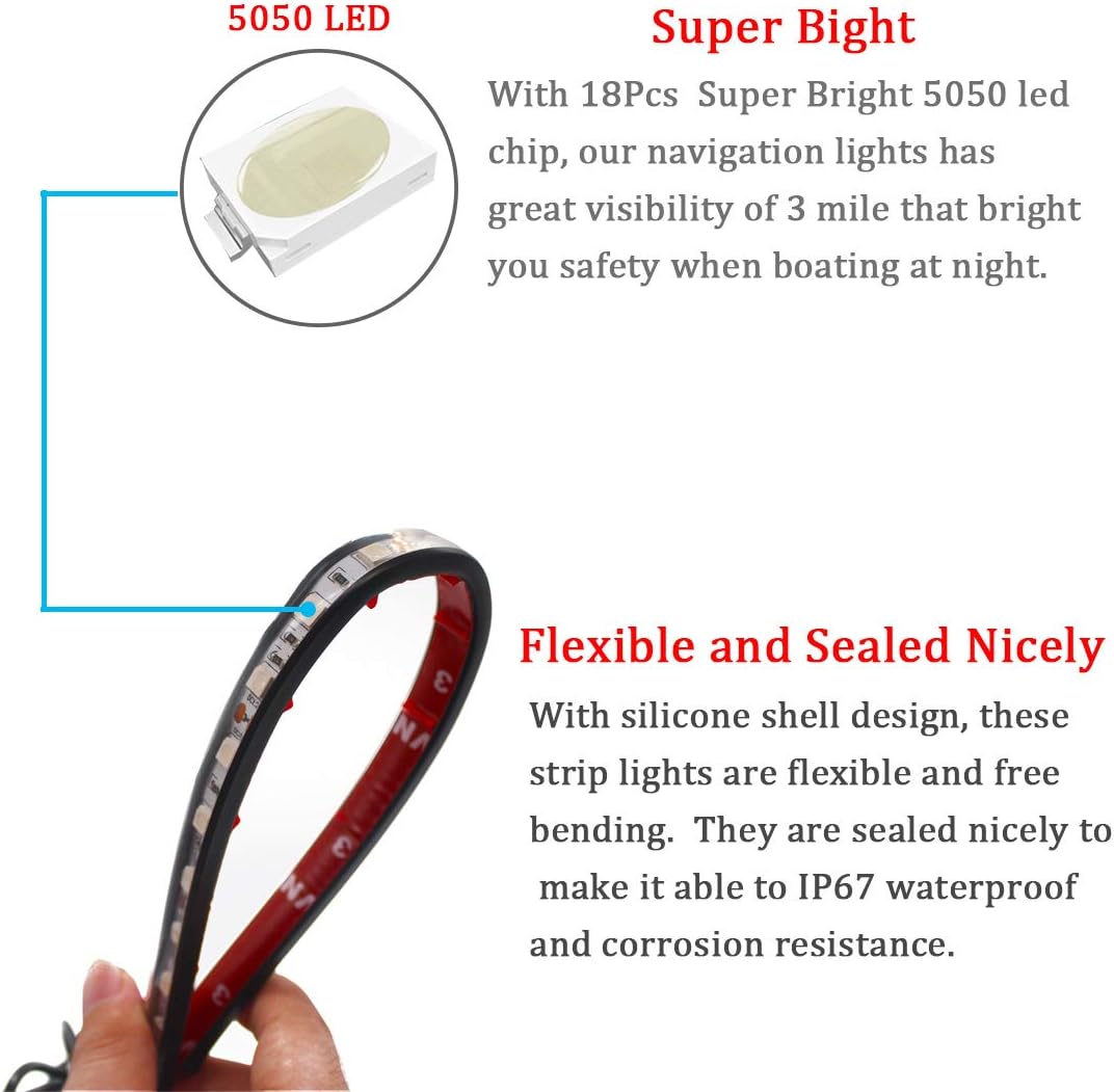 Marine Boat Navigation Lights for Night Fishing, Easy Installation with No Drilling Required for Pontoon, Bass, Jon, Jet Ski, Kayak