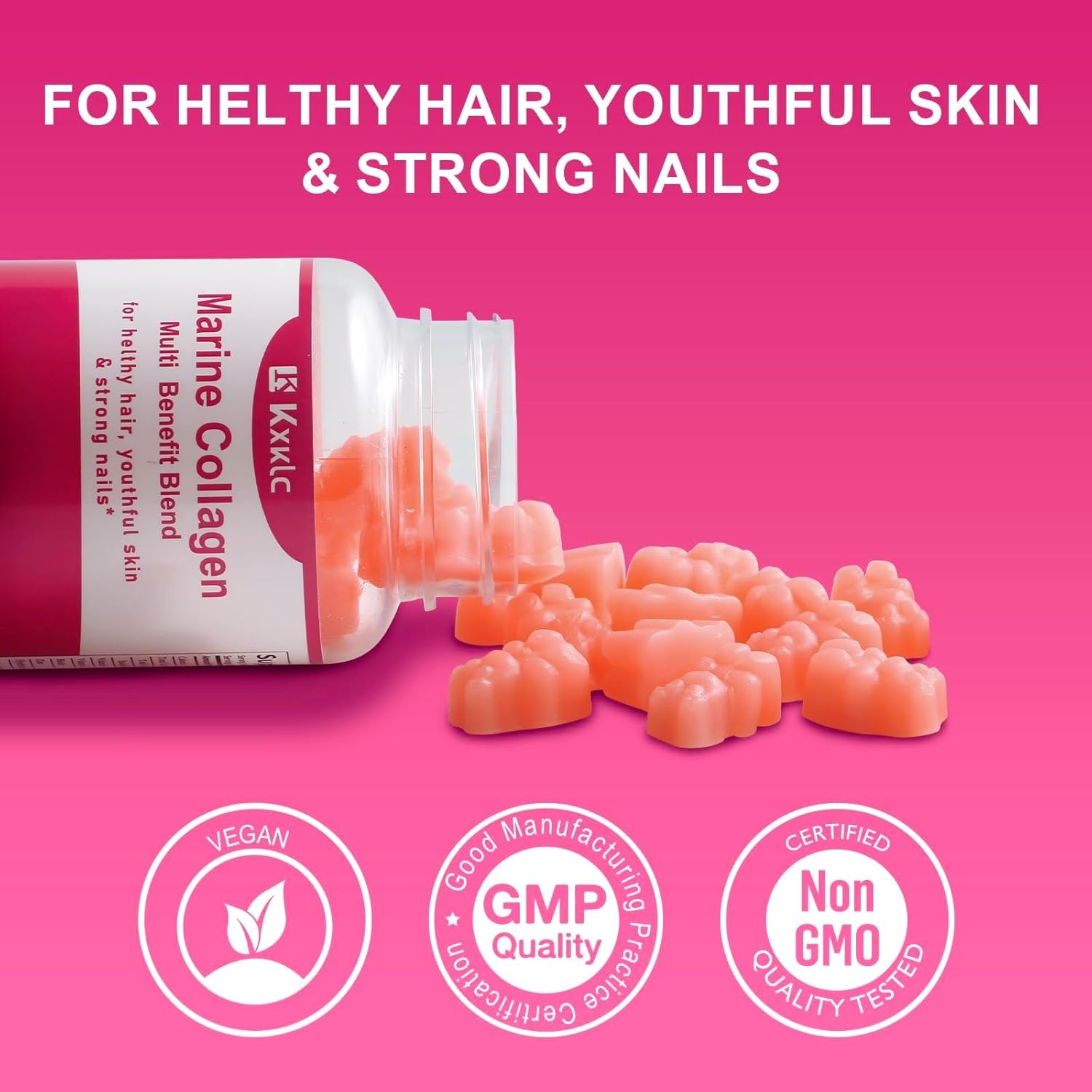 Marine Collagen Gummies with Vitamin C, Zinc, and Biotin for Healthy Skin Support - Hydrolyzed Collagen Supplement (1 Pack)