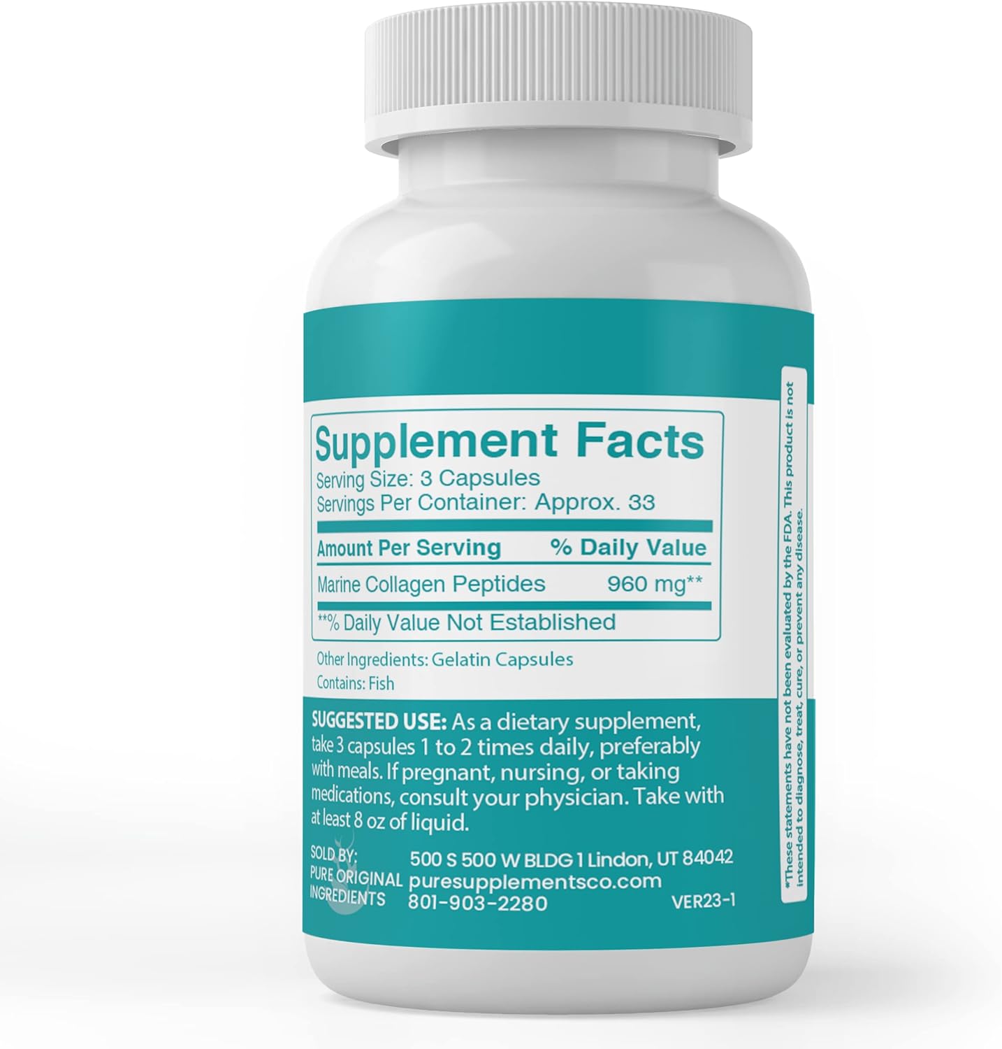 Marine Collagen Peptides (100 Capsules) - Pure Ingredients, No Additives, Lab Verified