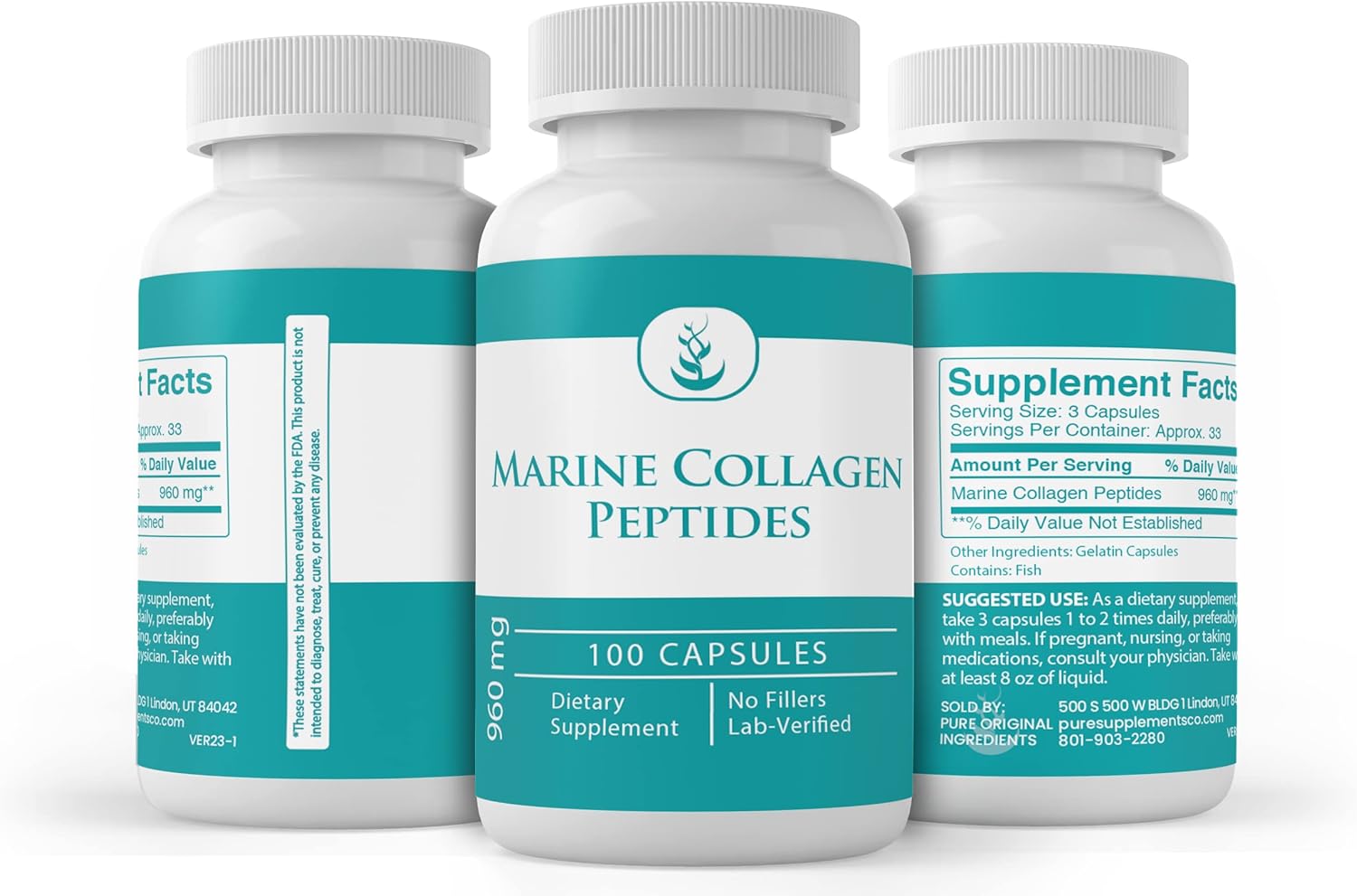 Marine Collagen Peptides (100 Capsules) - Pure Ingredients, No Additives, Lab Verified