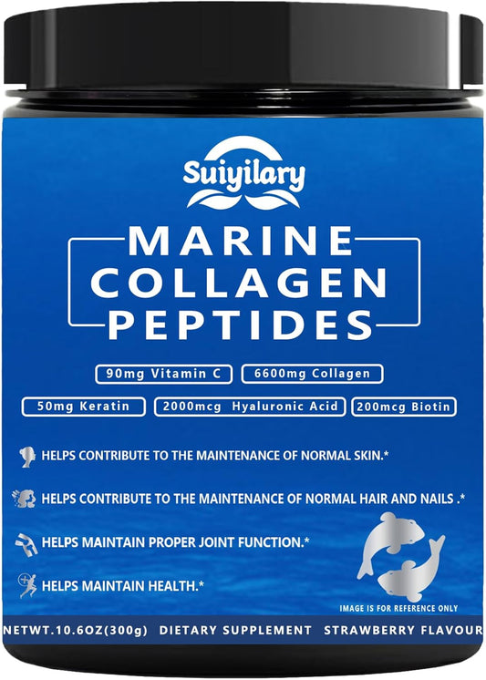 Marine Collagen Peptides Powder with Hyaluronic Acid, Biotin, and Vitamin C - Instant Dissolving Formula for Healthy Hair, Skin, and Nails - Men and Women's Supplement