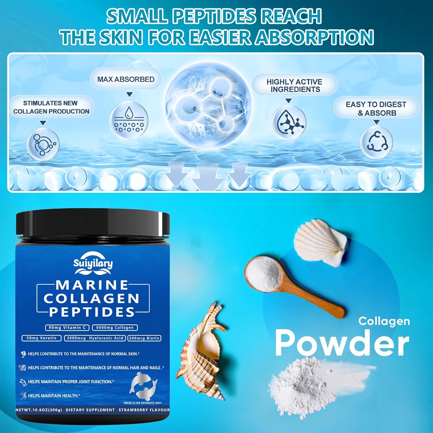 Marine Collagen Peptides Powder with Hyaluronic Acid, Biotin, and Vitamin C - Instant Dissolving Formula for Healthy Hair, Skin, and Nails - Men and Women's Supplement