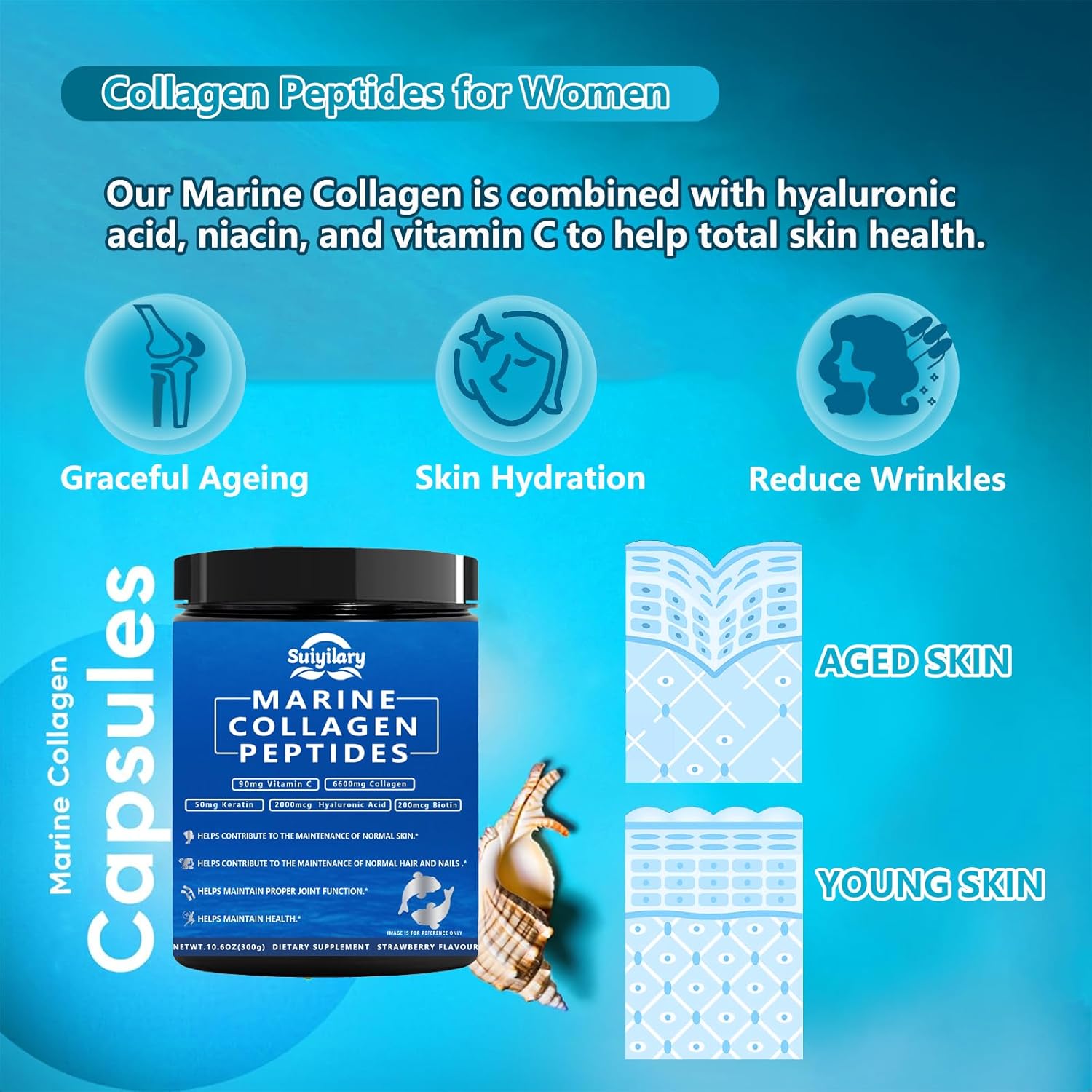 Marine Collagen Peptides Powder with Hyaluronic Acid, Biotin, and Vitamin C - Instant Dissolving Formula for Healthy Hair, Skin, and Nails - Men and Women's Supplement