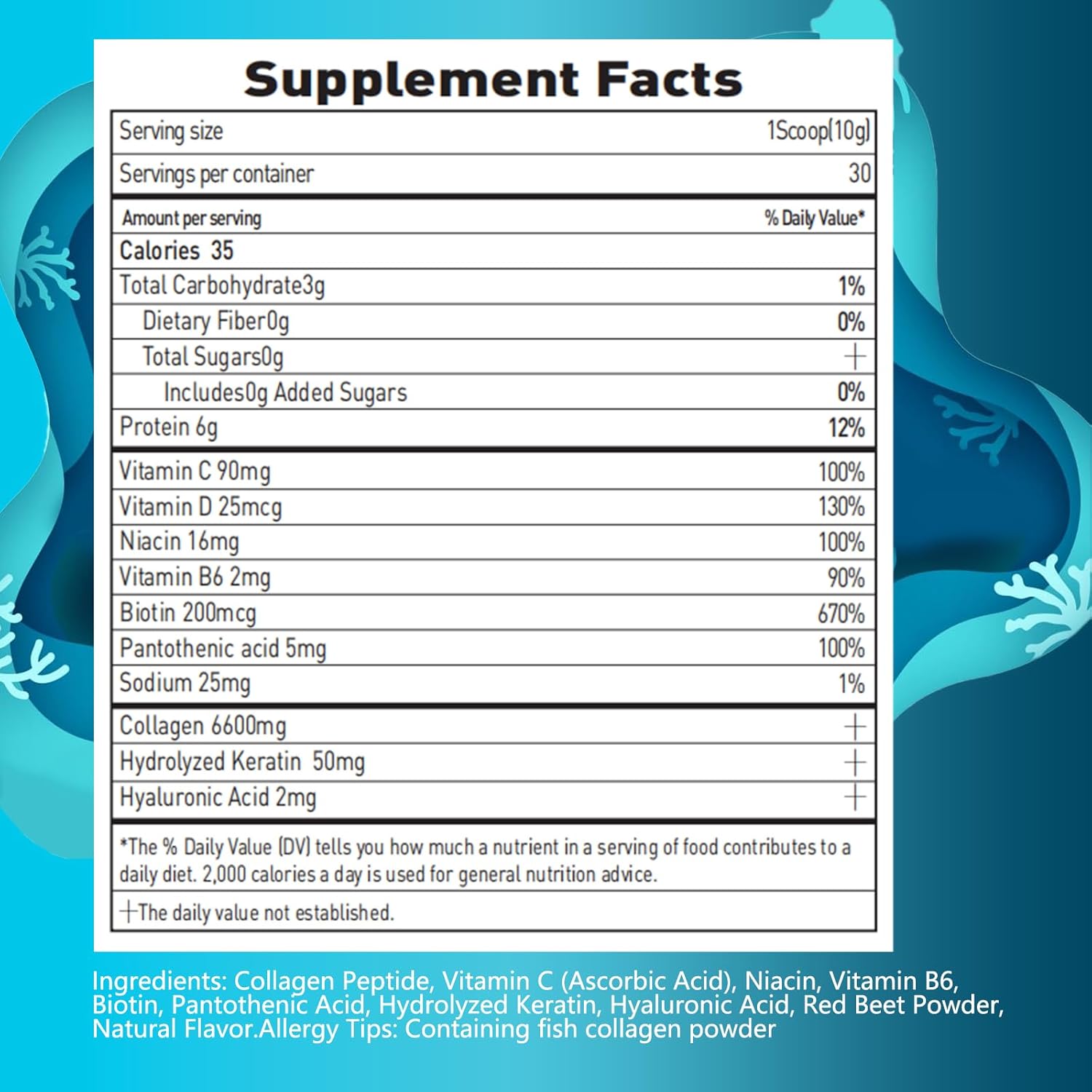 Marine Collagen Peptides Powder with Hyaluronic Acid, Biotin, and Vitamin C - Instant Dissolving Formula for Healthy Hair, Skin, and Nails - Men and Women's Supplement