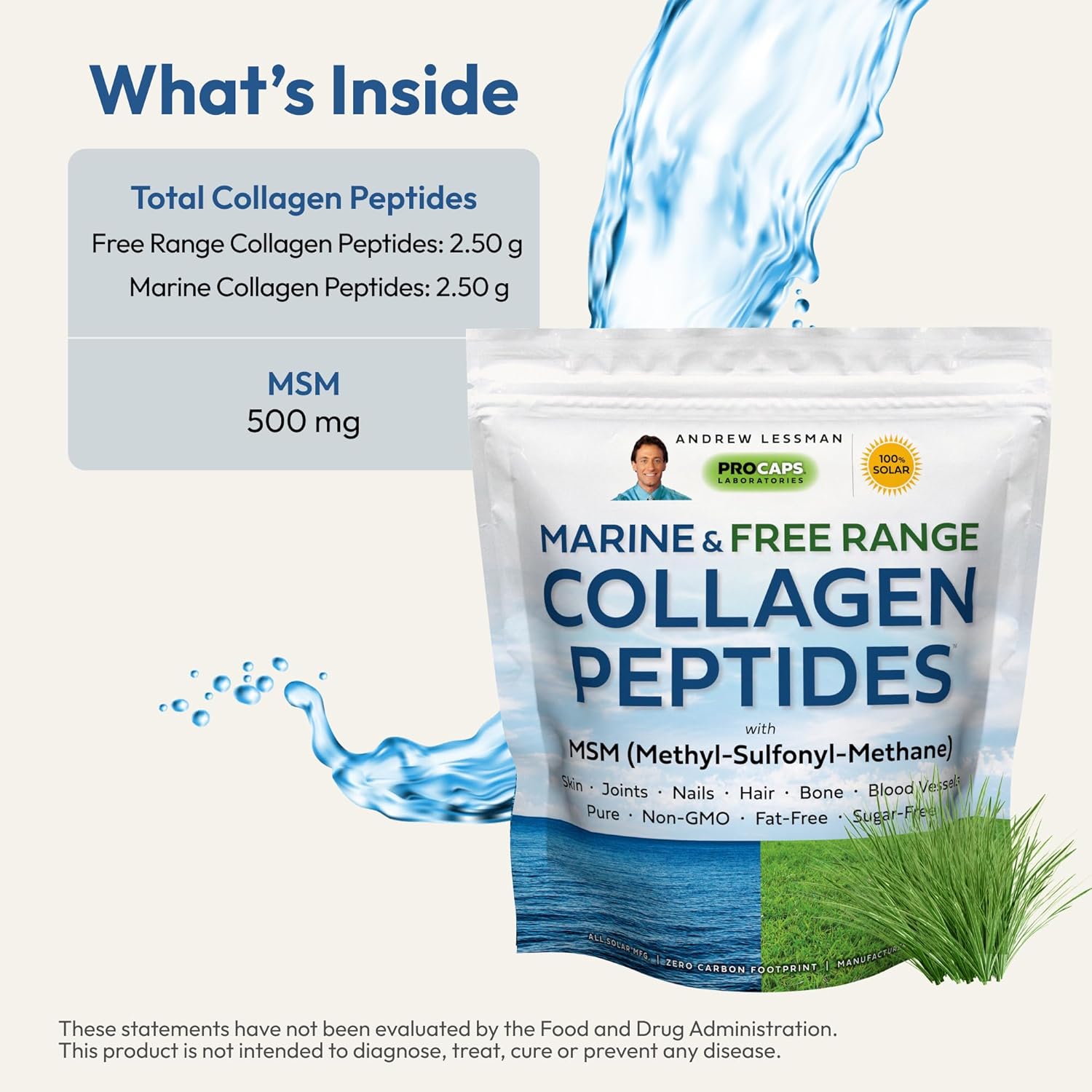 Marine Collagen Peptides Powder with MSM - 240 Servings for Skin and Joint Health, Super Soluble, No Fishy Flavor, Non-GMO