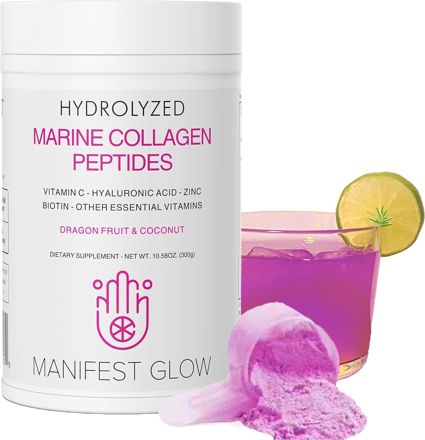 Marine Collagen Peptides with Dragon Fruit, Coconut Water, Pineapple - Vitamins & Minerals for Hair, Skin, Nails, Joints - 30 Servings