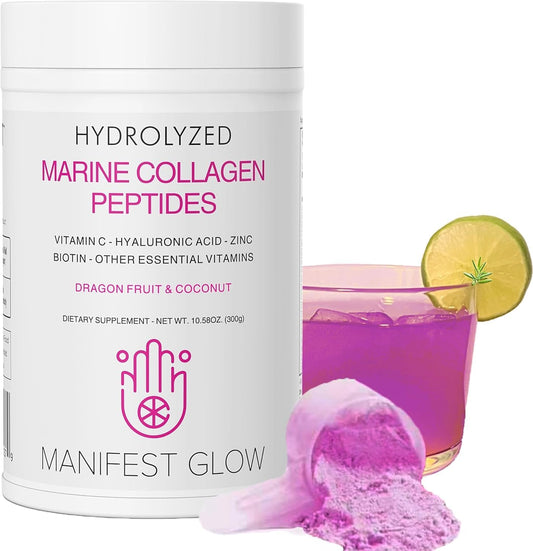 Marine Collagen Peptides with Dragon Fruit, Coconut Water, Pineapple - Vitamins & Minerals for Hair, Skin, Nails, Joints - 30 Servings
