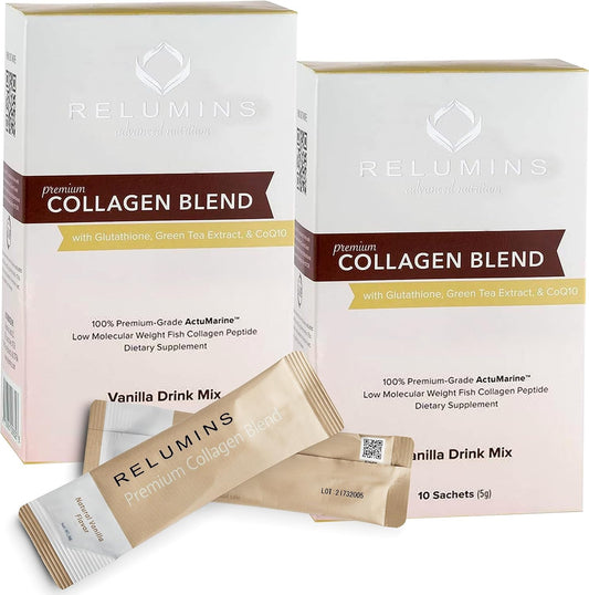 Marine Collagen Powder Drink Mix with Glutathione, Green Tea, CoQ10, Hyaluronic Acid - Smooth Glowing Skin - 20 Vanilla Sachets + 2 Free