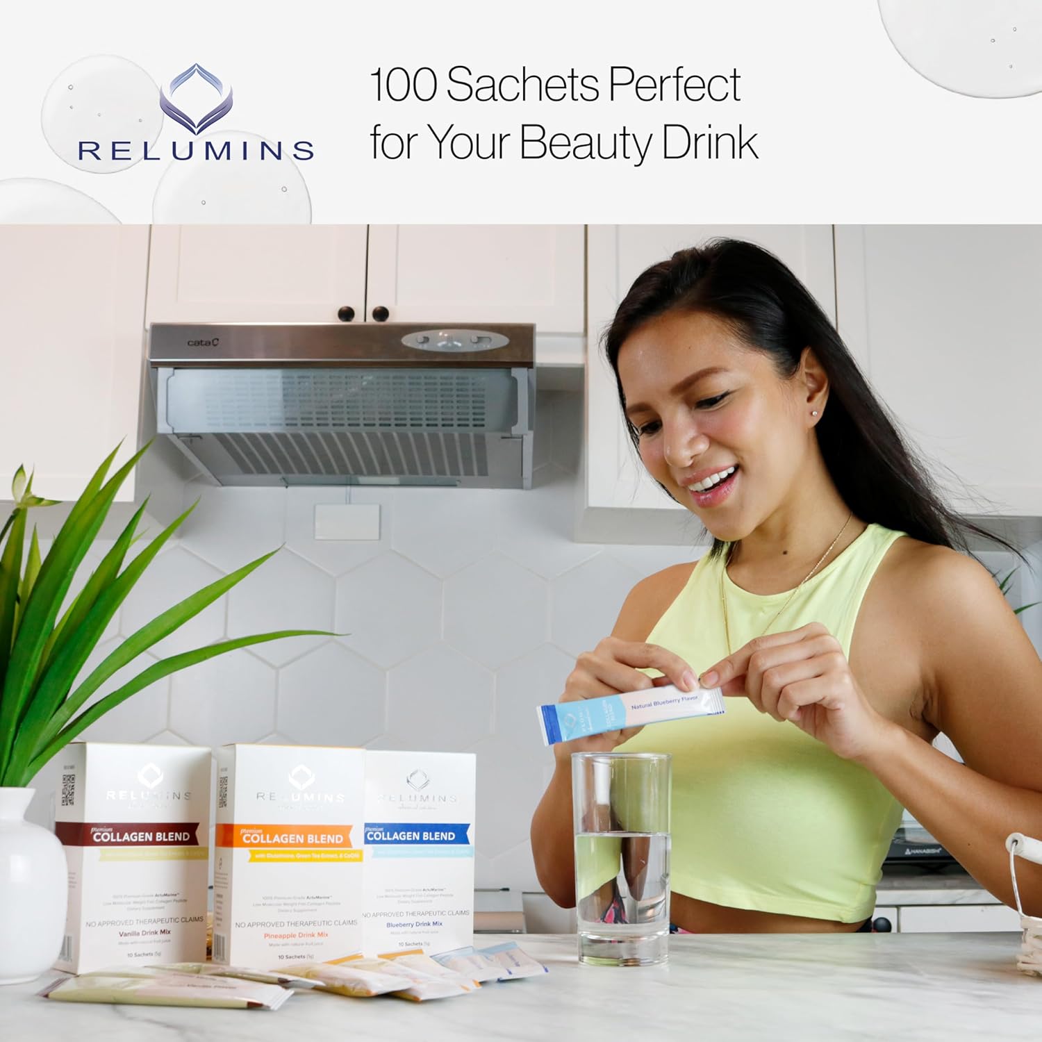 Marine Collagen Powder Drink Mix with Glutathione, Green Tea, CoQ10, & Hyaluronic Acid for Glowing Skin - Blueberry Flavored - 100 Sachets + 10 Free