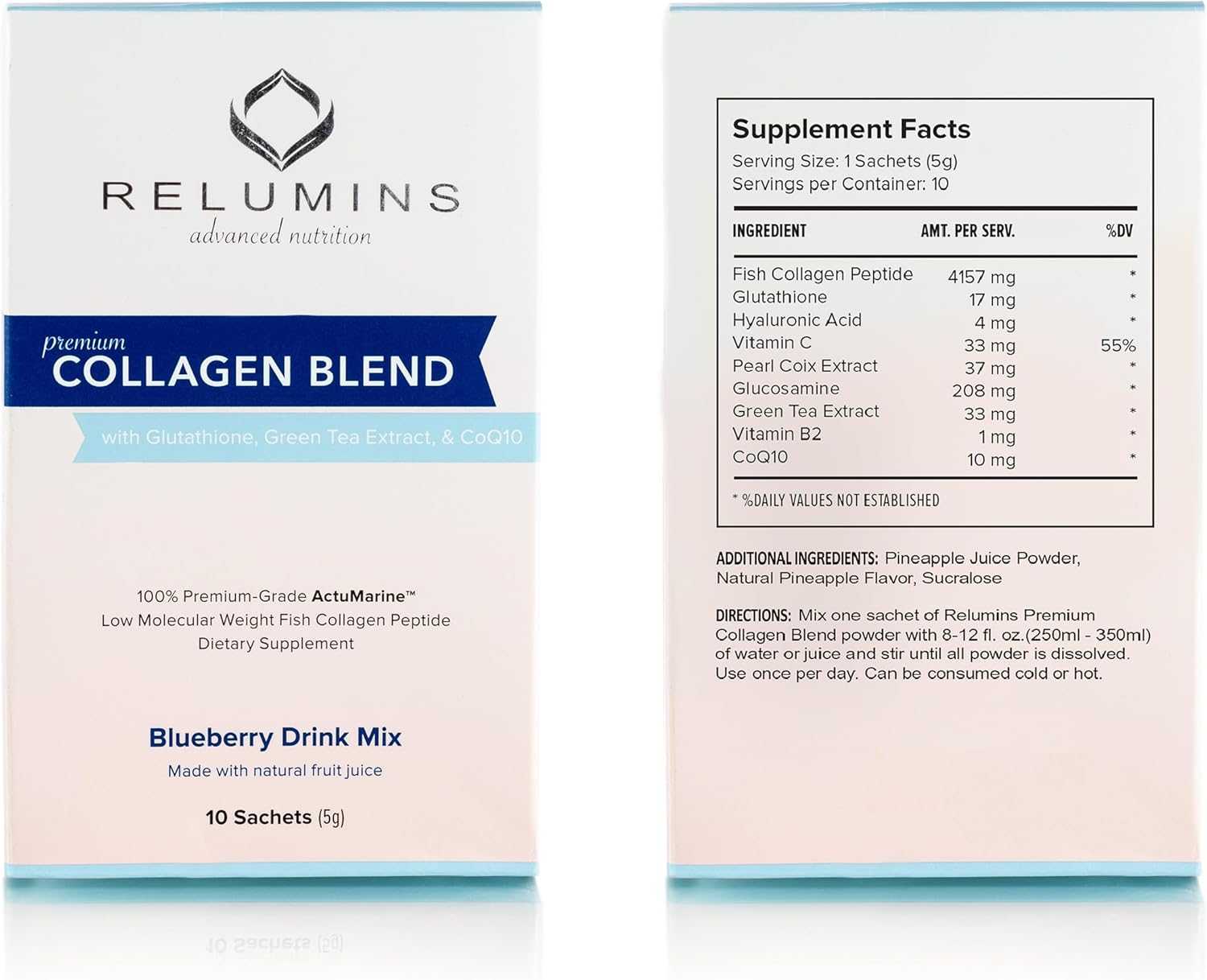 Marine Collagen Powder Drink Mix with Glutathione, Green Tea, CoQ10, & Hyaluronic Acid for Glowing Skin - Blueberry Flavored - 100 Sachets + 10 Free