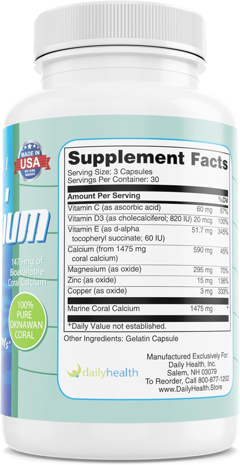Marine-Grade Coral Calcium Supplement with 72 Trace Minerals - 1475mg, 90 Capsules for Daily Health - 1 Month Supply