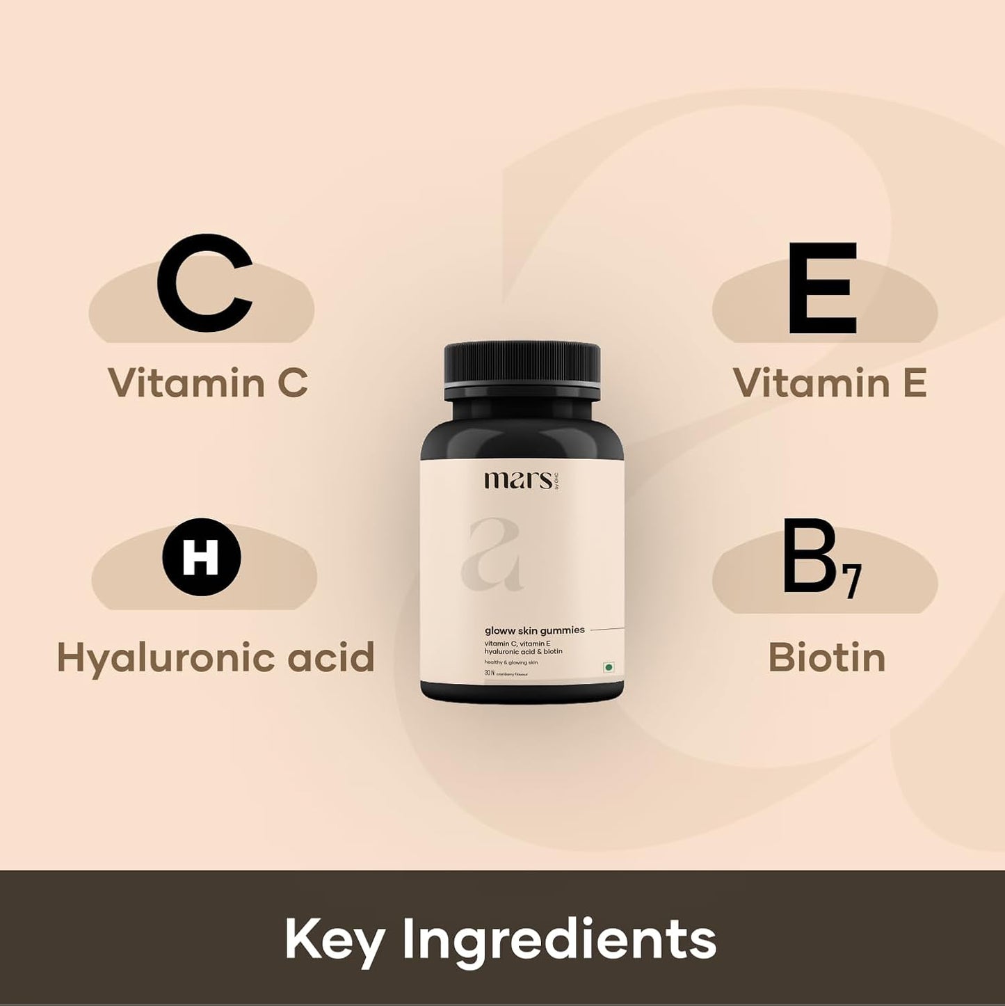 Mars by GHC Glow Skin Gummies for Men - 30 Day Pack with Vitamin C, Hyaluronic Acid, Vitamin E & Biotin - Skin Hydration & Regeneration