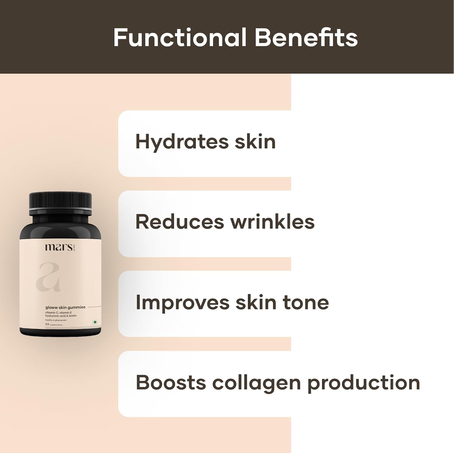 Mars by GHC Glow Skin Gummies for Men - 30 Day Pack with Vitamin C, Hyaluronic Acid, Vitamin E & Biotin - Skin Hydration & Regeneration