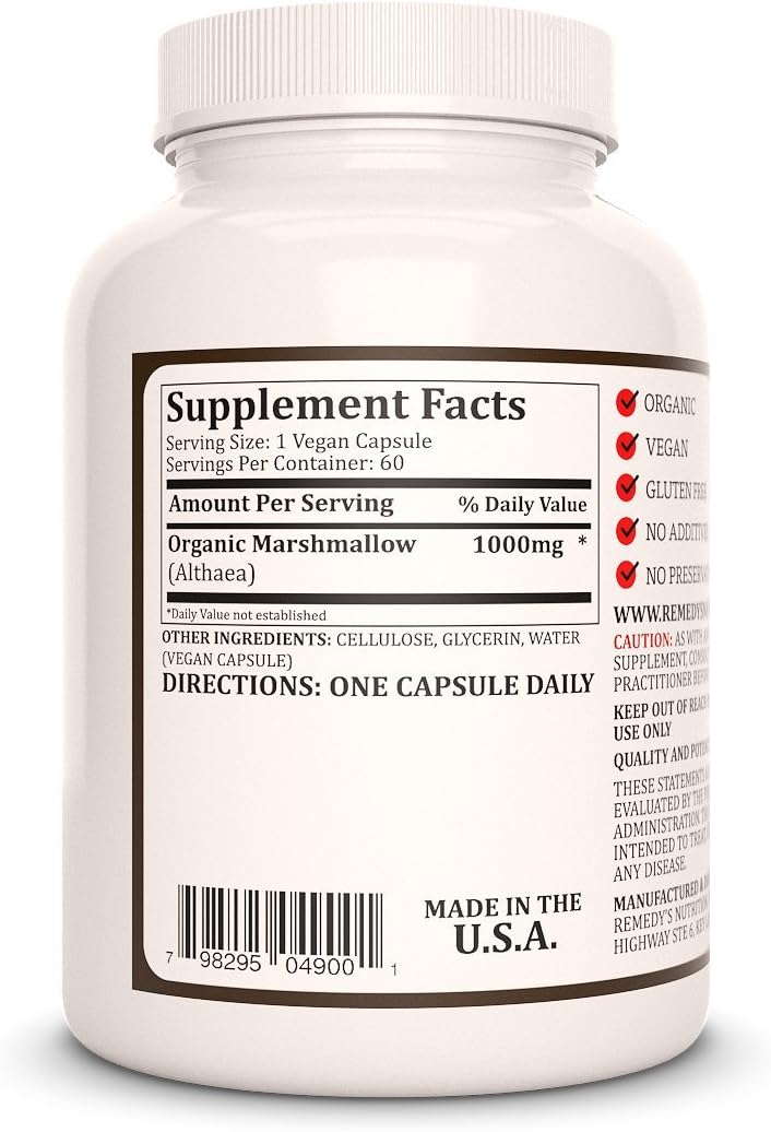 Marshmallow Root Capsules 1,000mg - 60 Vegan Capsules Herbal Dietary Supplement - Non-GMO, Gluten Free, Dairy Free - Two Month Supply of Remedy's Nutrition