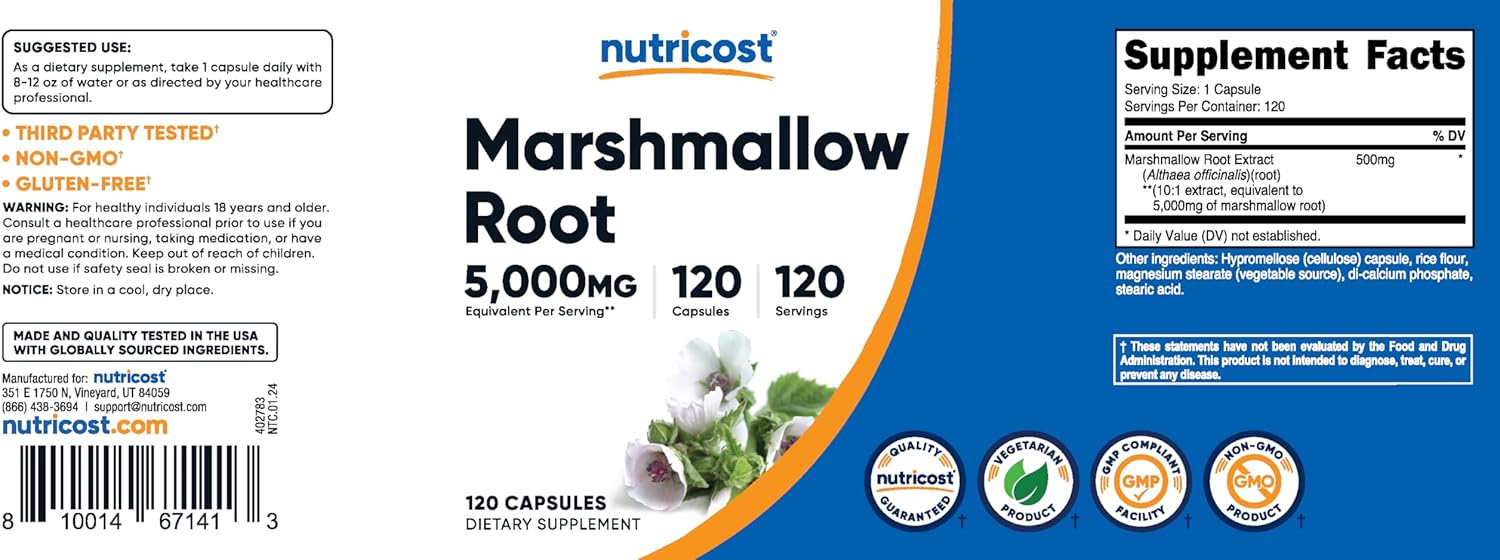 Marshmallow Root Extract Capsules - 120 Count, 5000mg Equivalent, Vegetarian, Gluten Free & Non-GMO