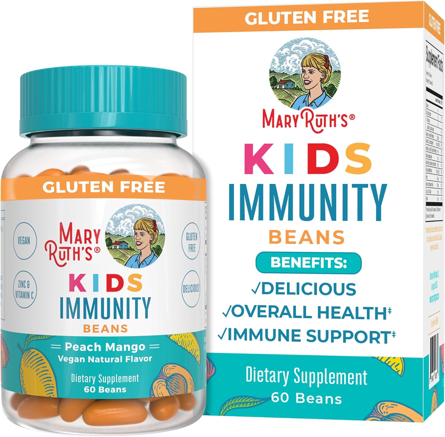 MaryRuth Organics Kids Immunity Beans with Vitamin C and Zinc - Immune Support Supplement for Kids 4+ - Peach Mango Flavor - Vegan, Non-GMO, Gluten Free - 60 Count
