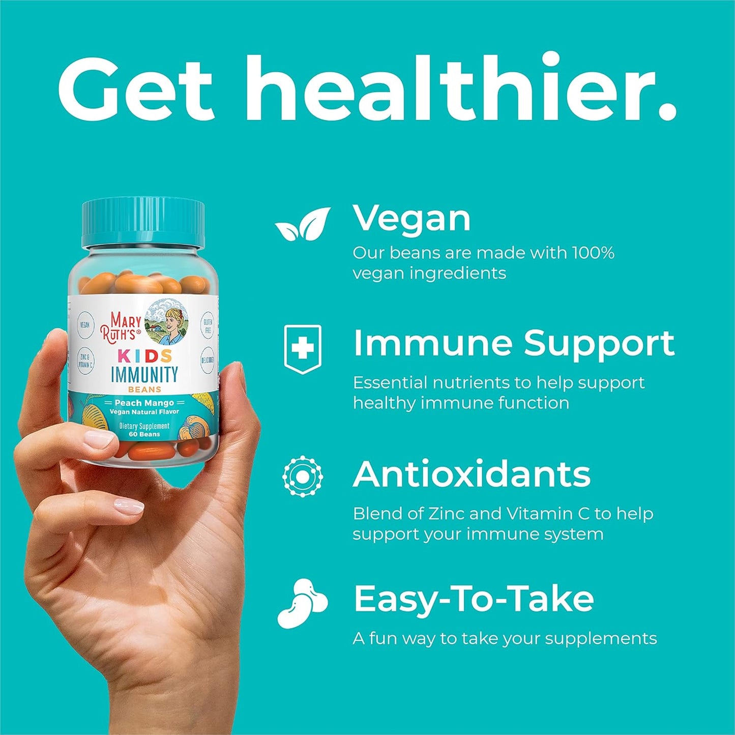 MaryRuth Organics Kids Immunity Beans with Vitamin C and Zinc - Immune Support Supplement for Kids 4+ - Peach Mango Flavor - Vegan, Non-GMO, Gluten Free - 60 Count