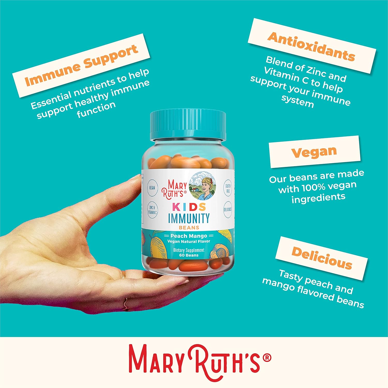 MaryRuth Organics Kids Immunity Beans with Vitamin C and Zinc - Immune Support Supplement for Kids 4+ - Peach Mango Flavor - Vegan, Non-GMO, Gluten Free - 60 Count
