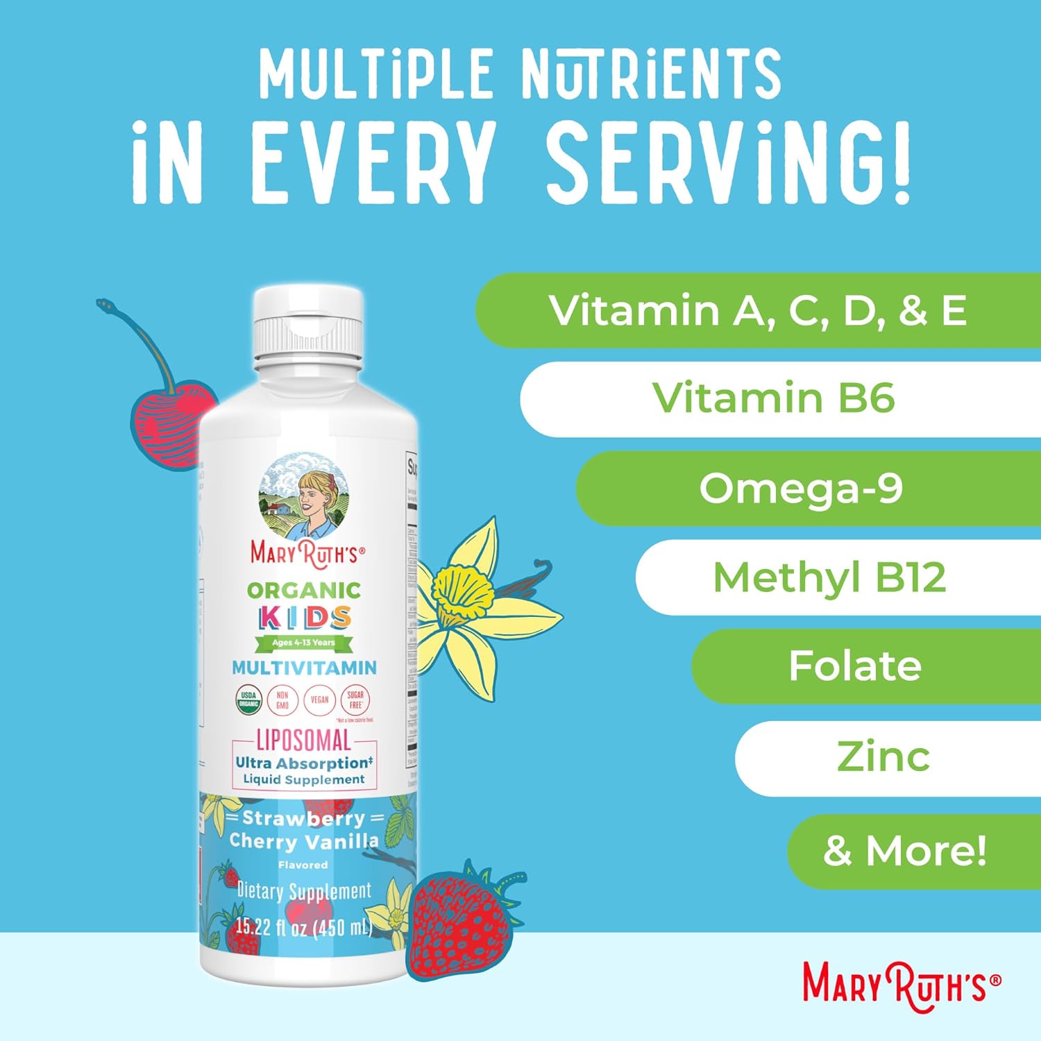 MaryRuth Organics Kids Multivitamin with Turmeric & DHA Liposomal for Joint Health | Clean Label Project Verified Vegan Vitamins