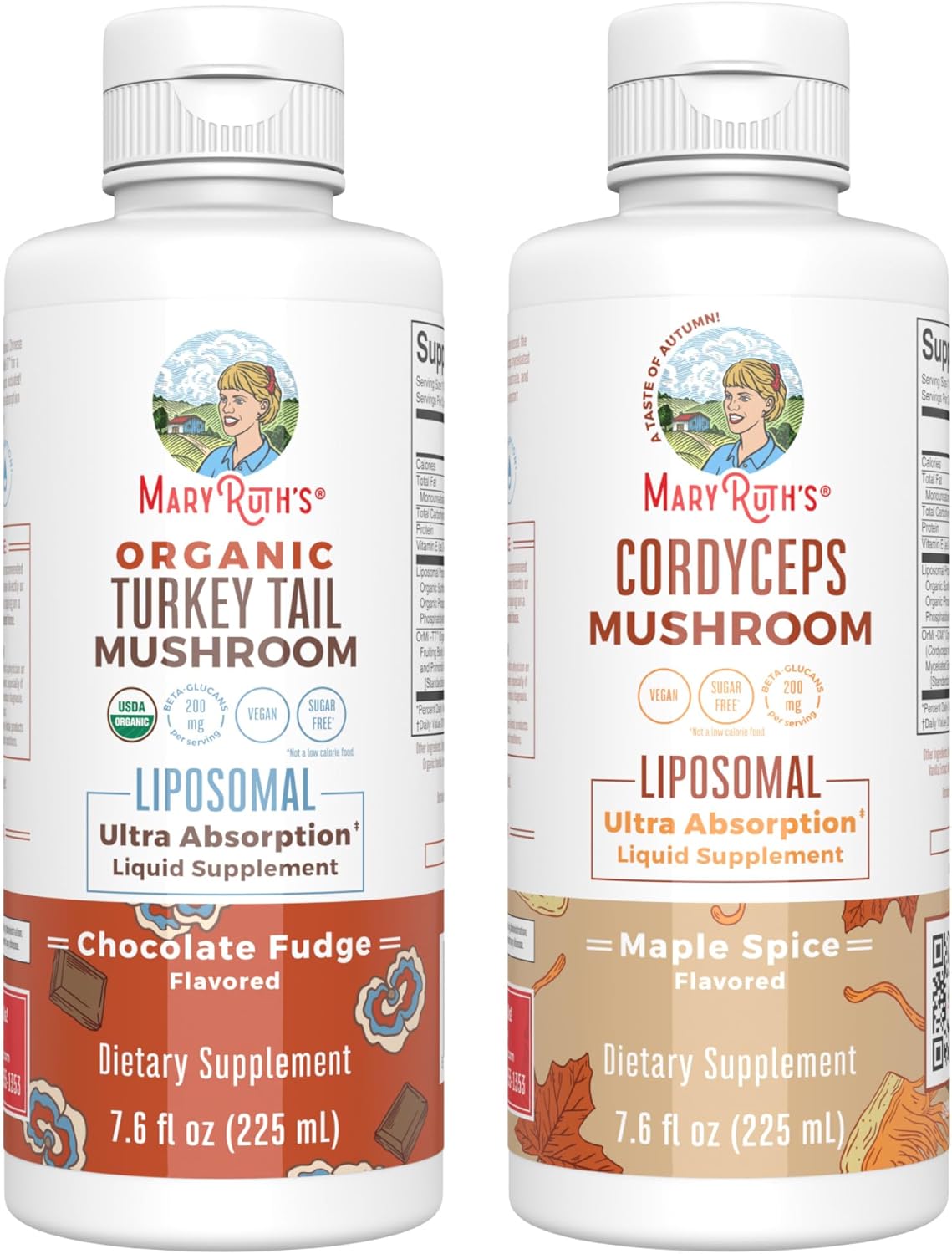 MaryRuth Organics Mushroom Liposomals Bundle: Turkey Tail Chocolate Fudge & Cordyceps Maple Spice | Clean Label Project Verified | Immunity & Energy Support | Vegan & Gluten Free